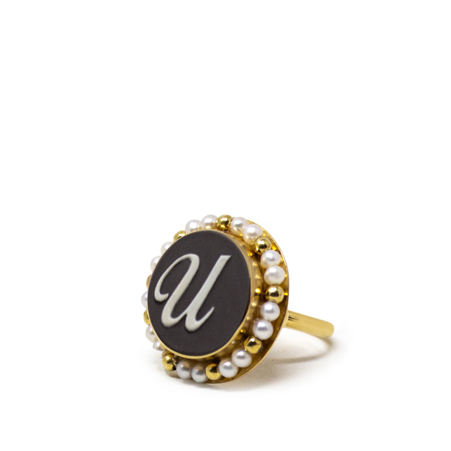 Women’s Gold / Black Gold Vermeil Black Cameo Pearl Ring Initial U Vintouch Italy