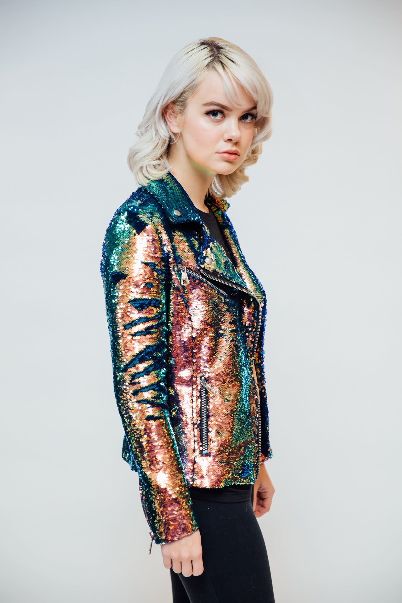 Iridescent Oil Slick Sequin Moto Jacket | Any Old Iron
