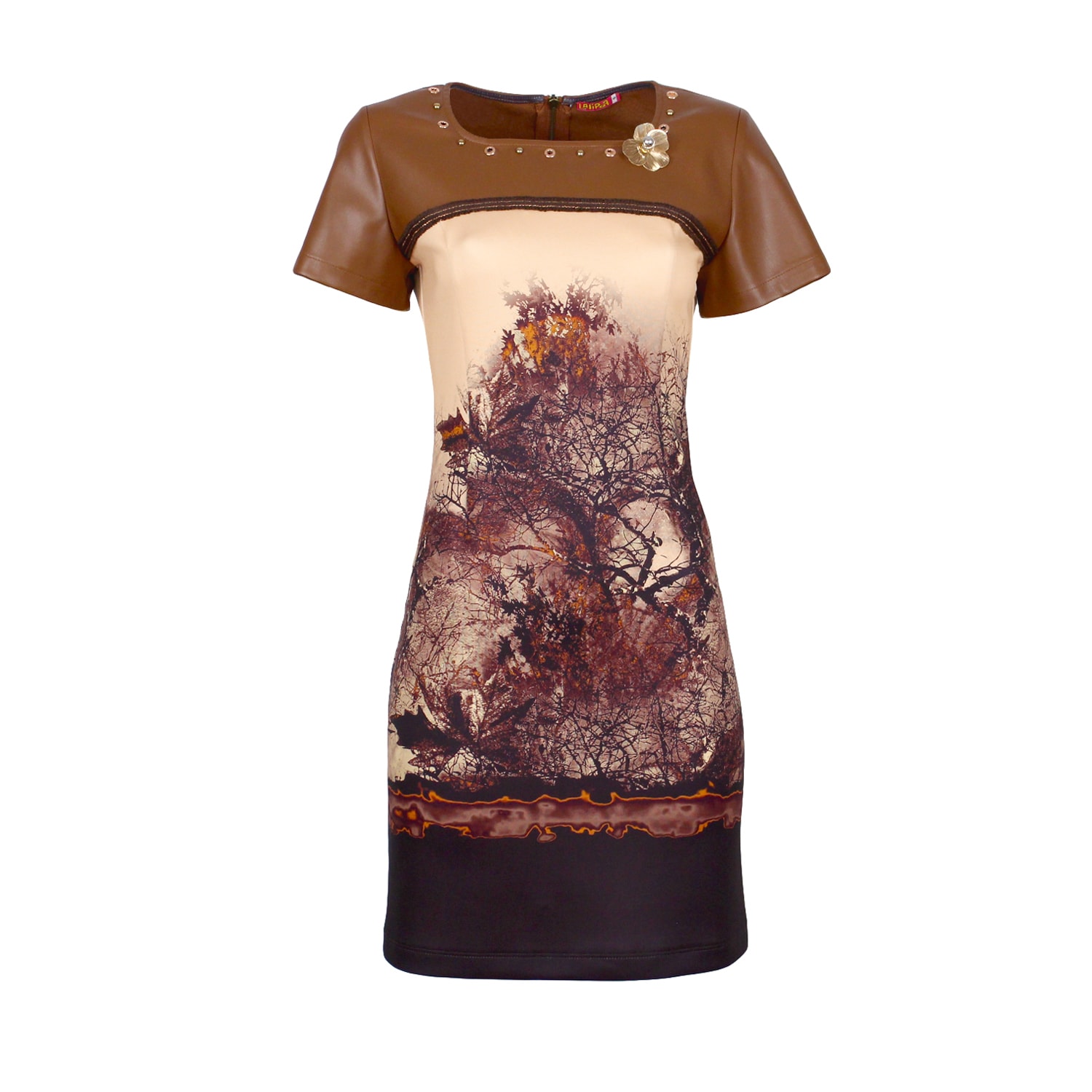Lalipop Design Women's Neutrals All-over Graphic Print Short Sleeve Dress Panelled With Vegan Leather In Black