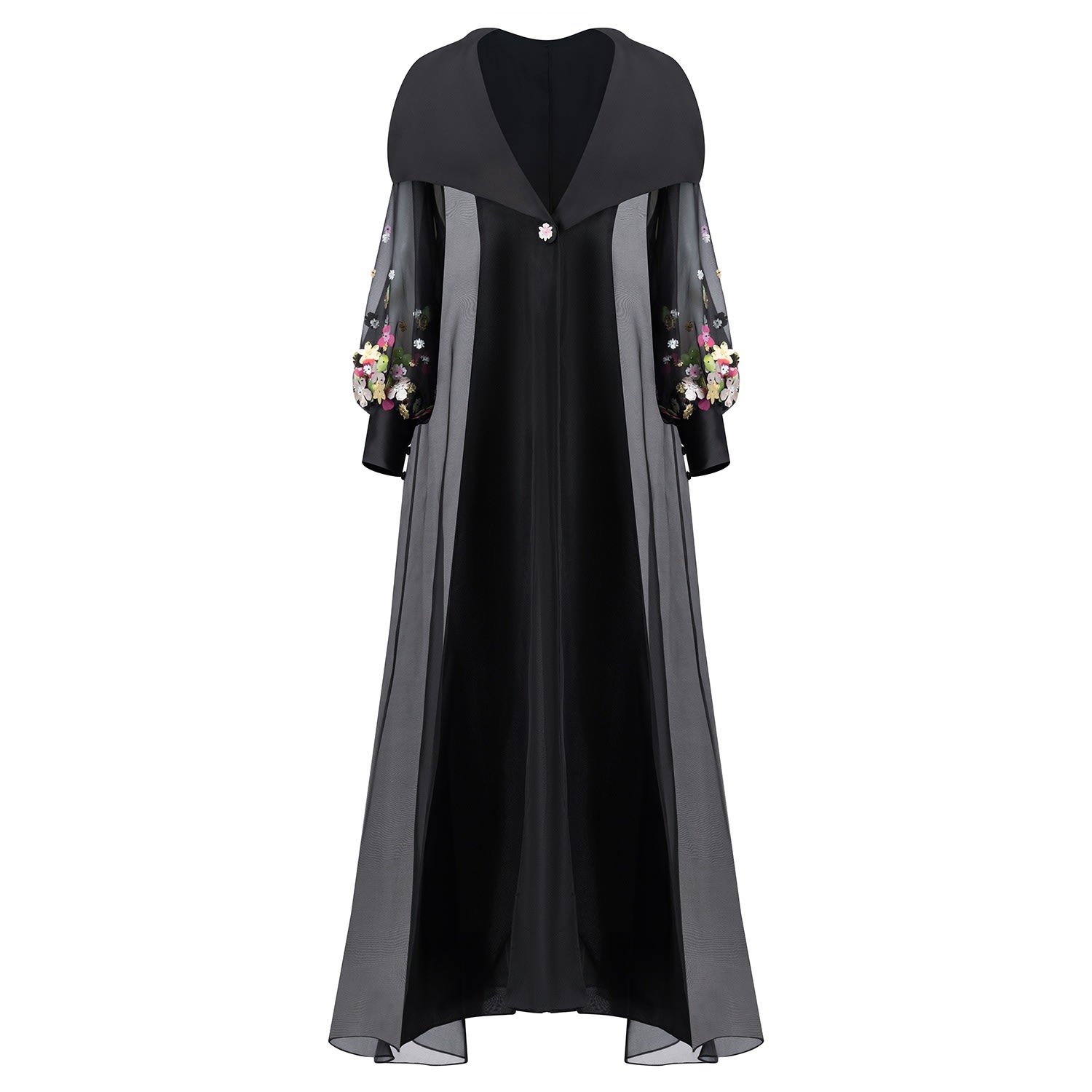 Women’s Organza Abaya With Three-D Floral Metallic Embroidery And Puff Sleeve-Black Large Azzalia