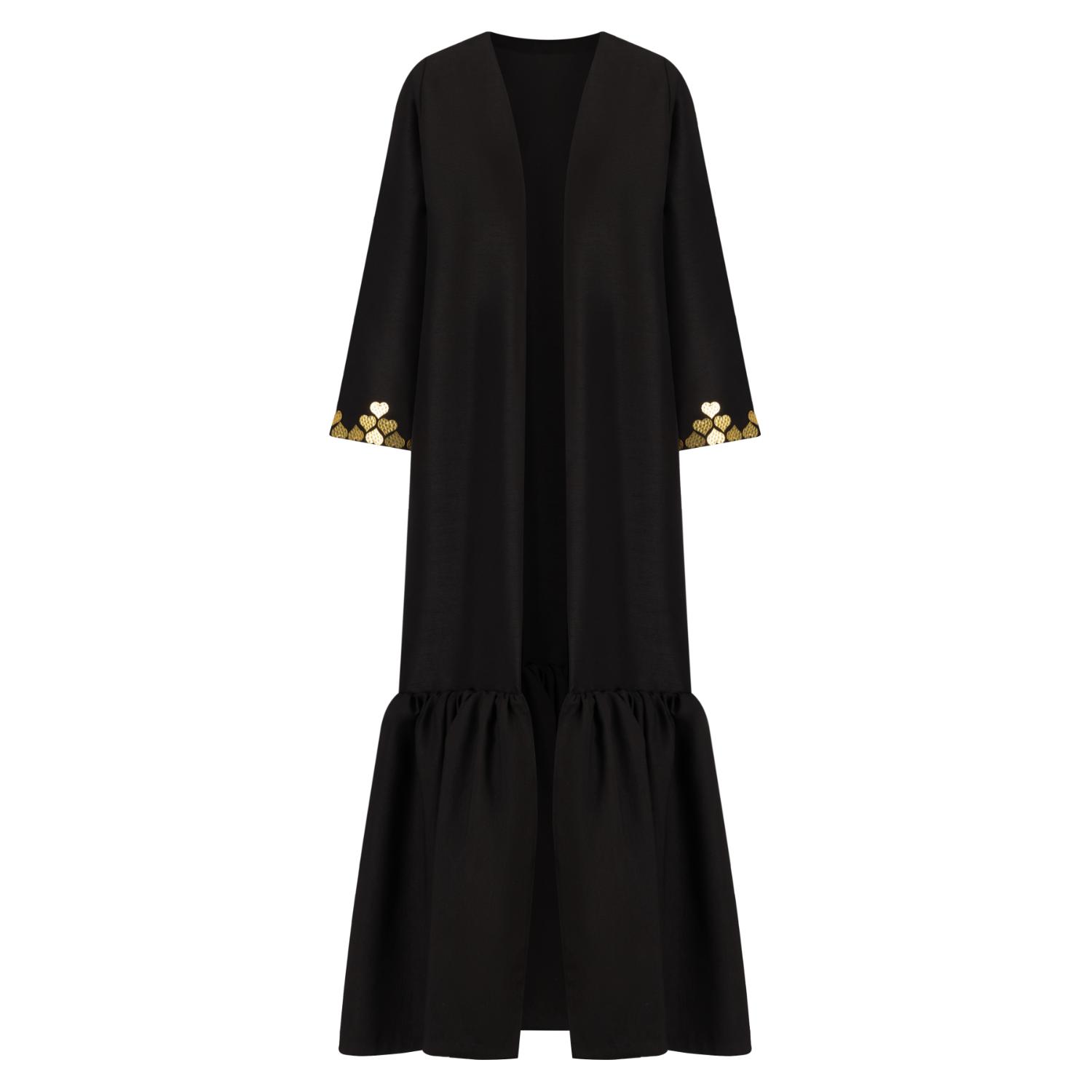 Azzalia Women's Black Fitted Sleeve Abaya Embellished With Metal Heart Motifs With Gathered Hemline-after Da In Black