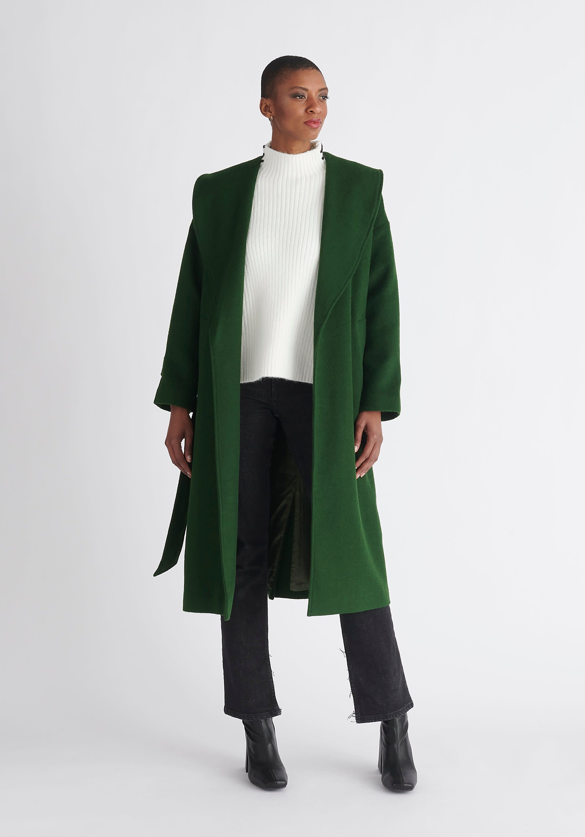 Belted Wool Coat In Dark Green | PAISIE | Wolf & Badger