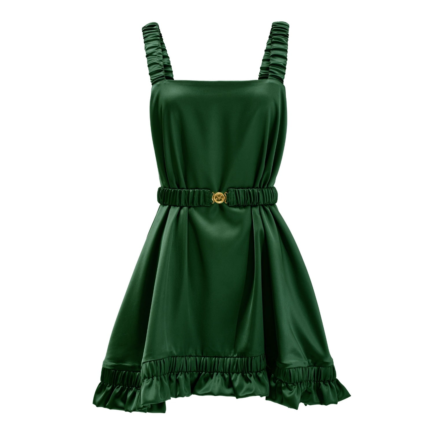 Kargede Women's Emerald Green Satin Dress – Designer Silky Slip Mini, Square Neckline In Green