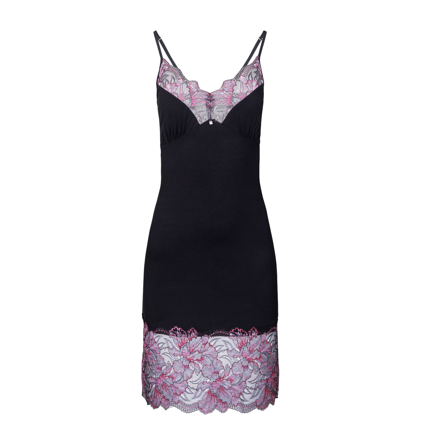 Oh!zuza Night&day Women's Black / Pink / Purple Soft Viscose Elegant Slip With Delicate Lace - Black In Black/pink/purple