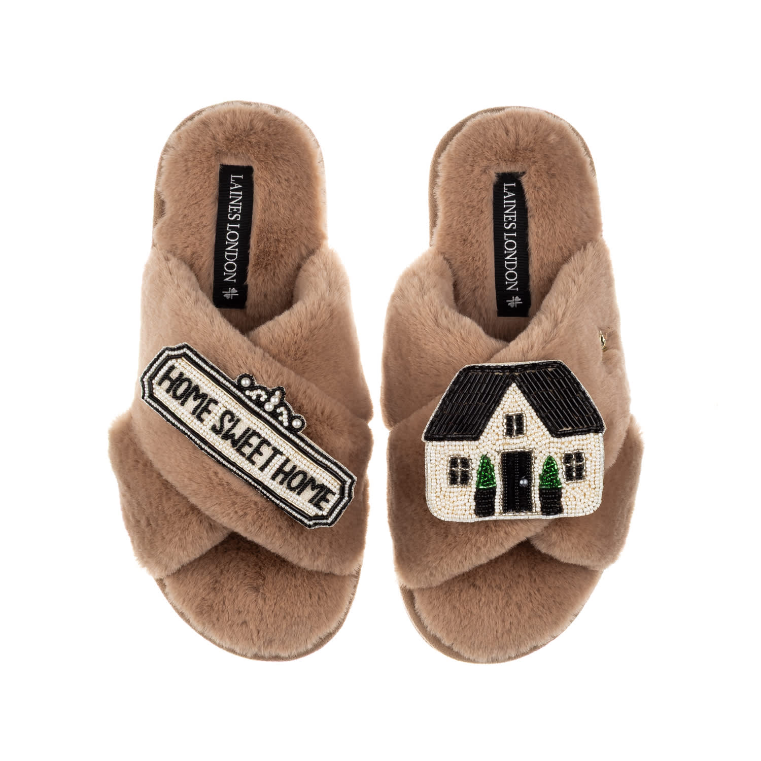Women's Brown / Neutrals Classic Laines Slippers With Home Sweet Home Brooches - Toffee | Large | Laines London