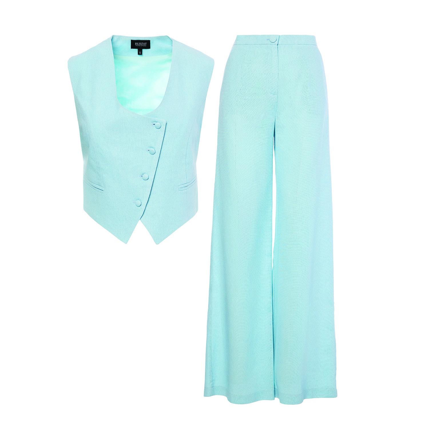Bluzat Linen Suit with Cut-Out Vest - Blue