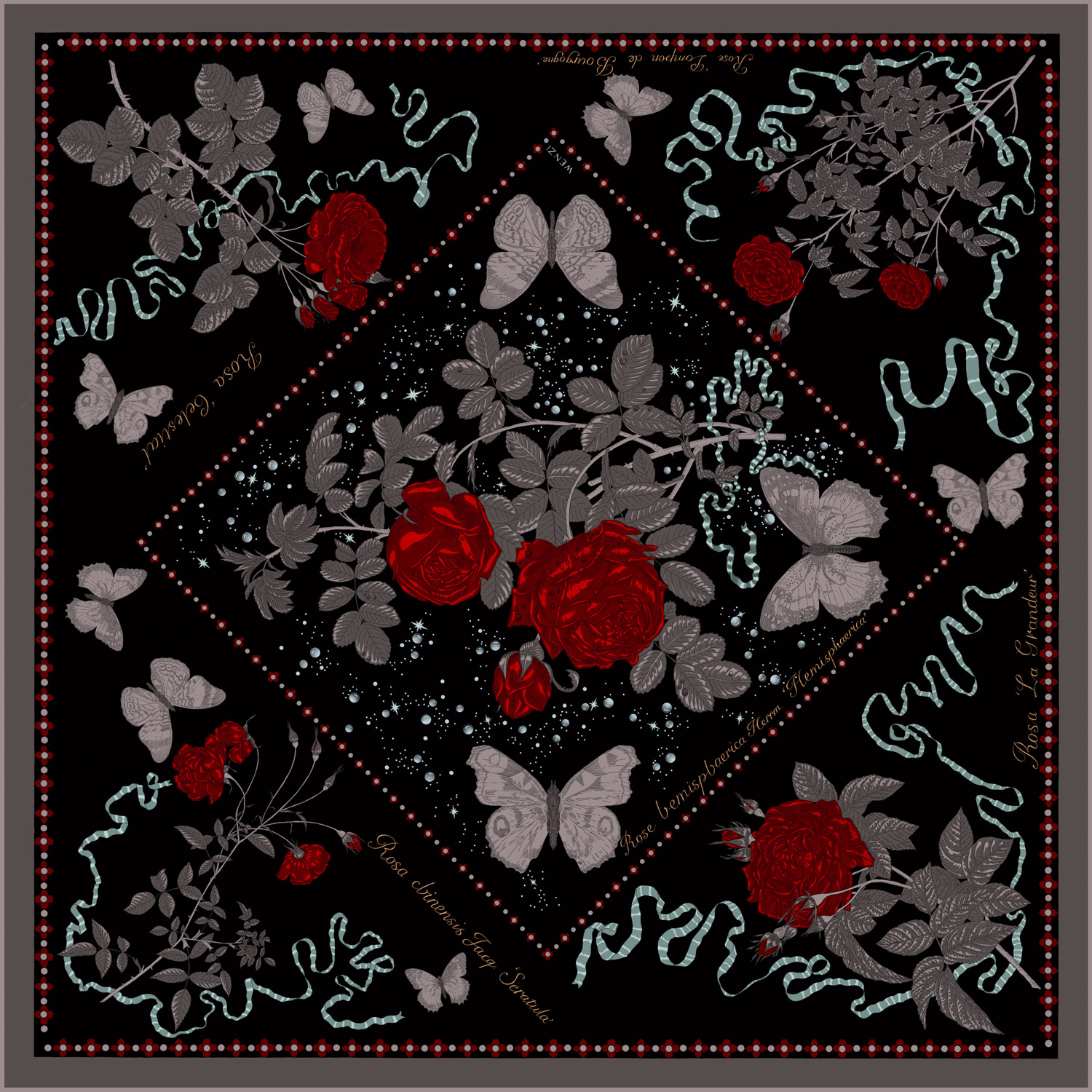 Wenzi Women's Black / Red / Grey  Midnight Roses Rouge Double Sided Silk Twill Scarf In Multi