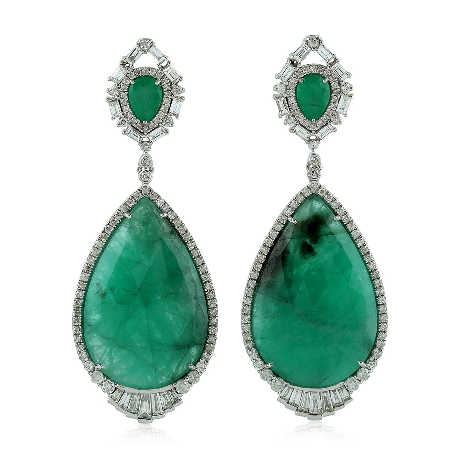 Women’s White / Green Pear Emerald & Baguette Pave Diamond In 18K Solid White Gold Drop Dangle Earrings Artisan