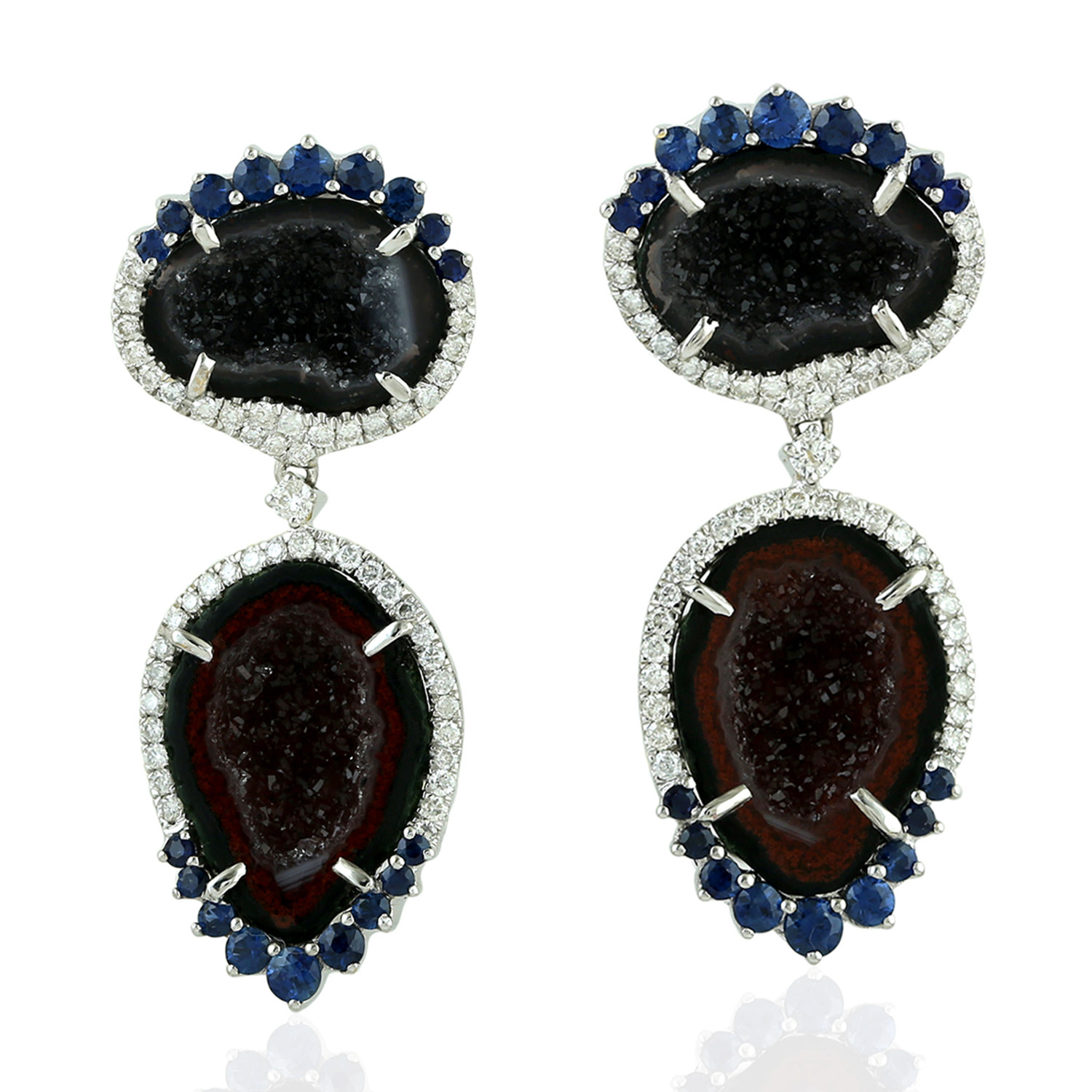 Artisan Women's Geode & Blue Sapphire Pave Diamond Dangle Earrings In 18k White Gold