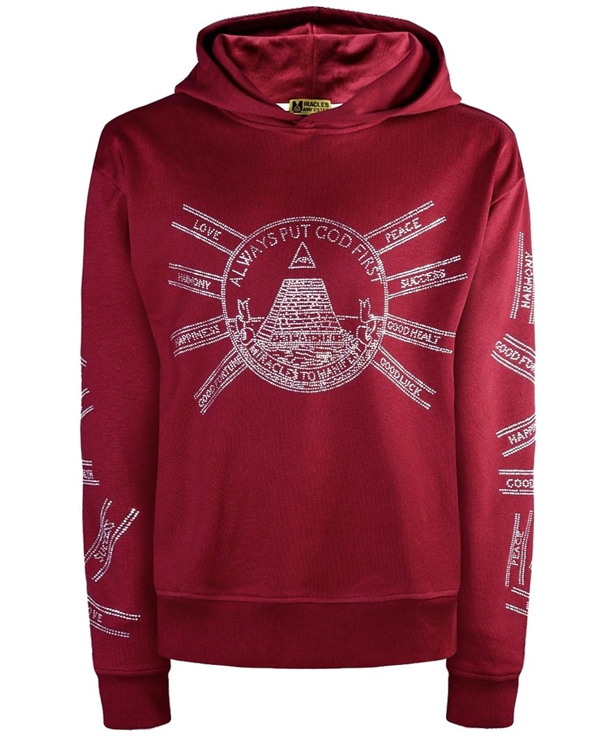 Miracles Manifester Women's Red God First Affirmation Hoodie With Rhinestone Design - Bordeaux In Red