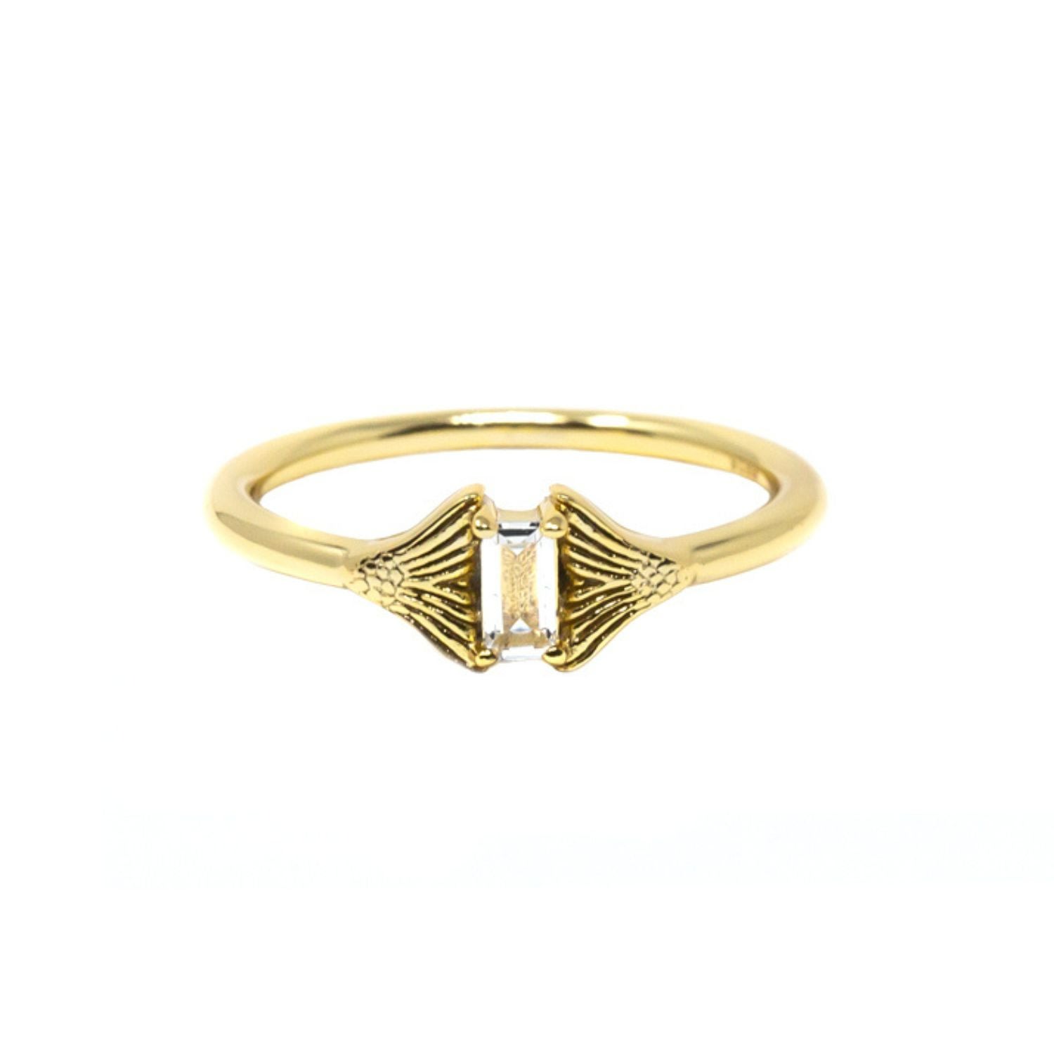 Nasi Silver Women's Fin Baguette Ring- White Topaz, Gold In Gold