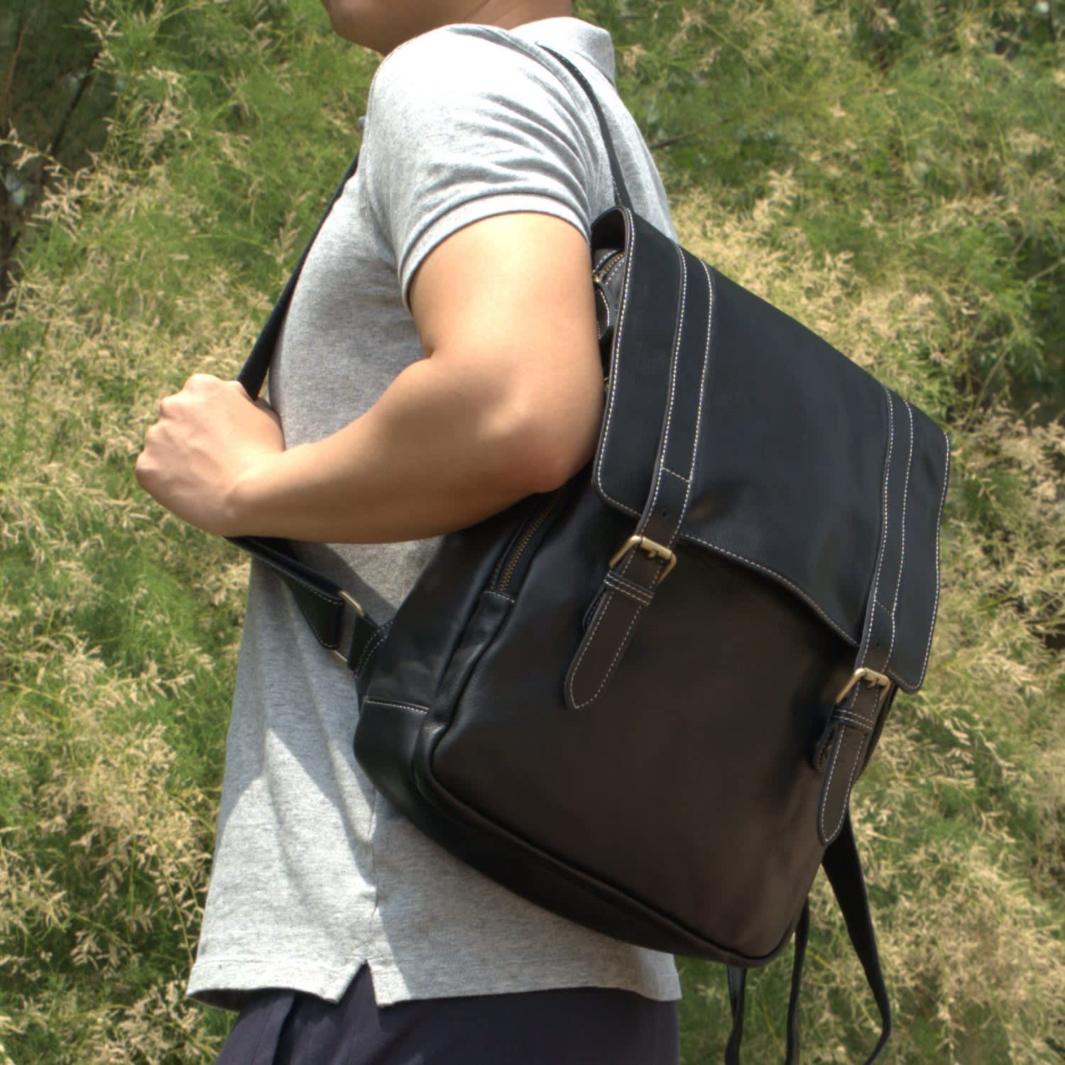 Genuine Leather Backpack With Straps Detail Black by Touri