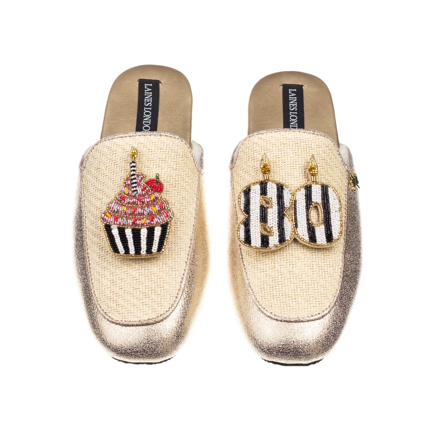 Laines London Women's Gold / Neutrals Classic Mules With Stripe 80th Birthday & Cake Brooches - Cream & Gold In Gold