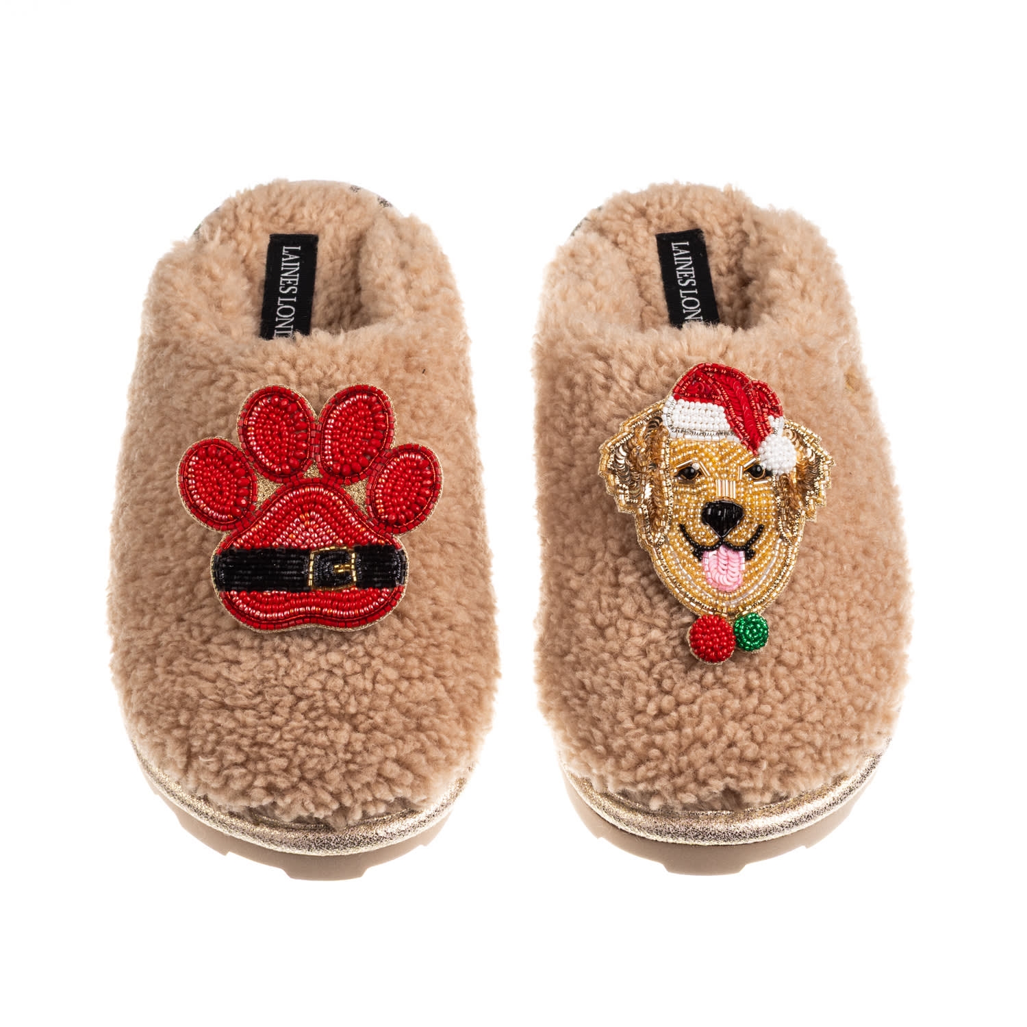 Laines London Women's Brown / Neutrals Teddy Closed Toe Slippers With Christmas Golden Retriever & Paw Brooches -  In Multi