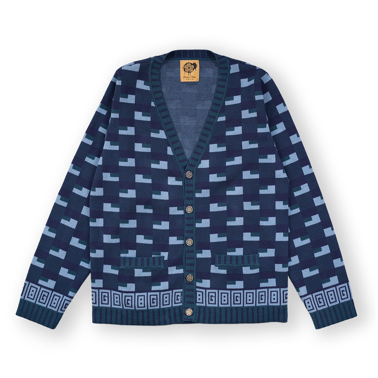 Gresham Blake Men's Blue Geometric Cotton Cardigan In Blue