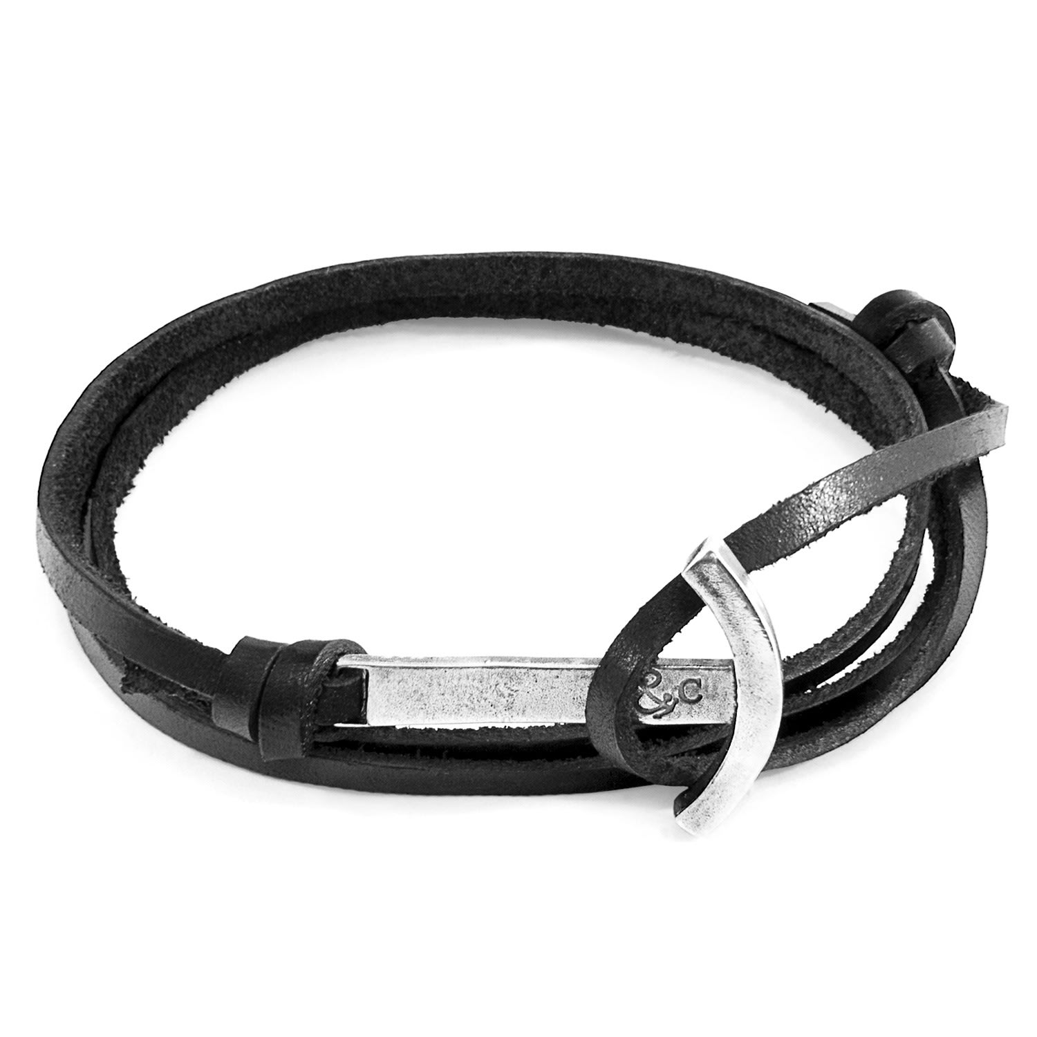 Men’s Black / Silver Coal Black Clipper Anchor Silver & Flat Leather Bracelet Anchor & Crew