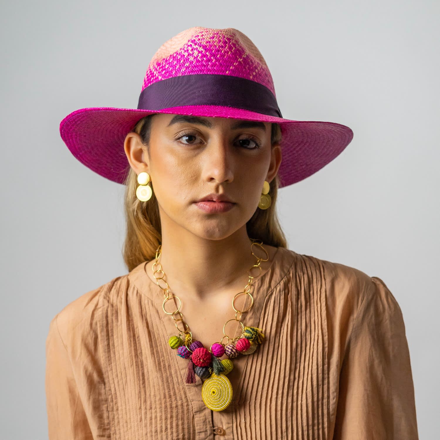 BOHO Pink Straw Panama Fedora Hat BYOS Fashion Boho Summer Straw Panama Fedora Sun Hat Wide  main image 2