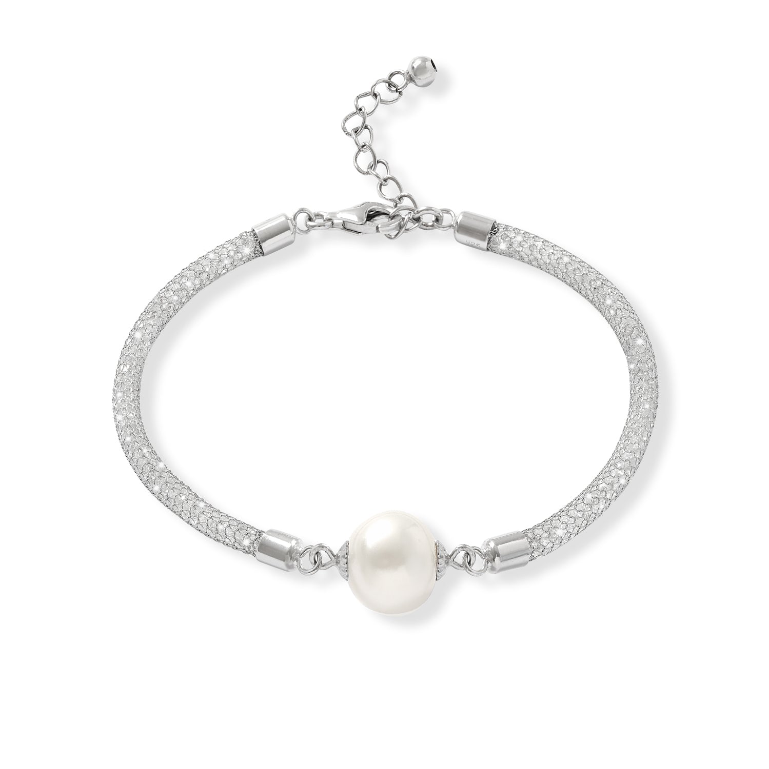 Pearls Of The Orient Online Women's White / Silver Credo Silver Mesh Crystal Bracelet With Cultured Freshwater Pearl In Multi