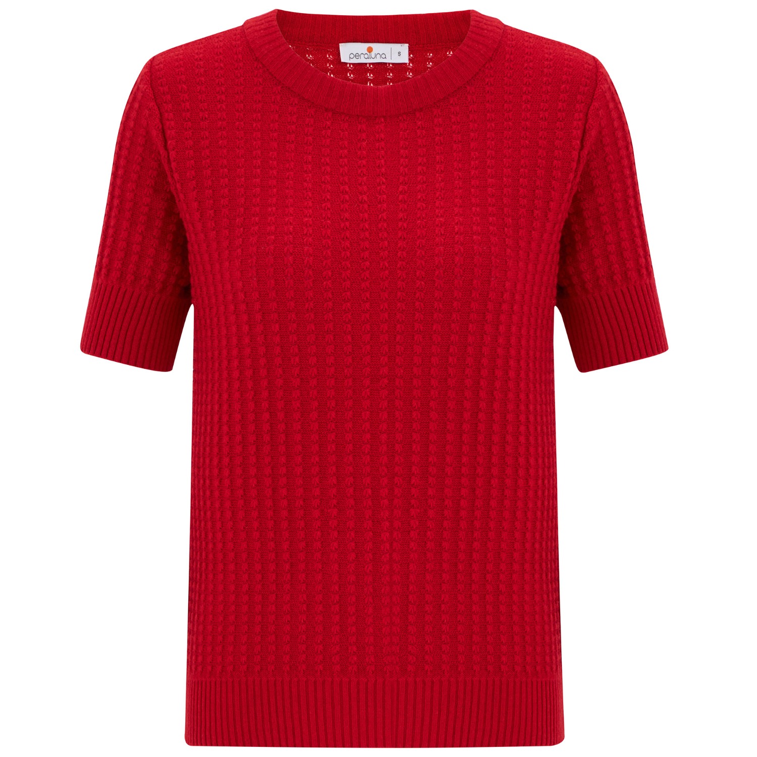 Women’s Cashmere Blend O-Neck Short Sleeve 3D Vertical Striped Knitwear Blouse - Red Small Peraluna