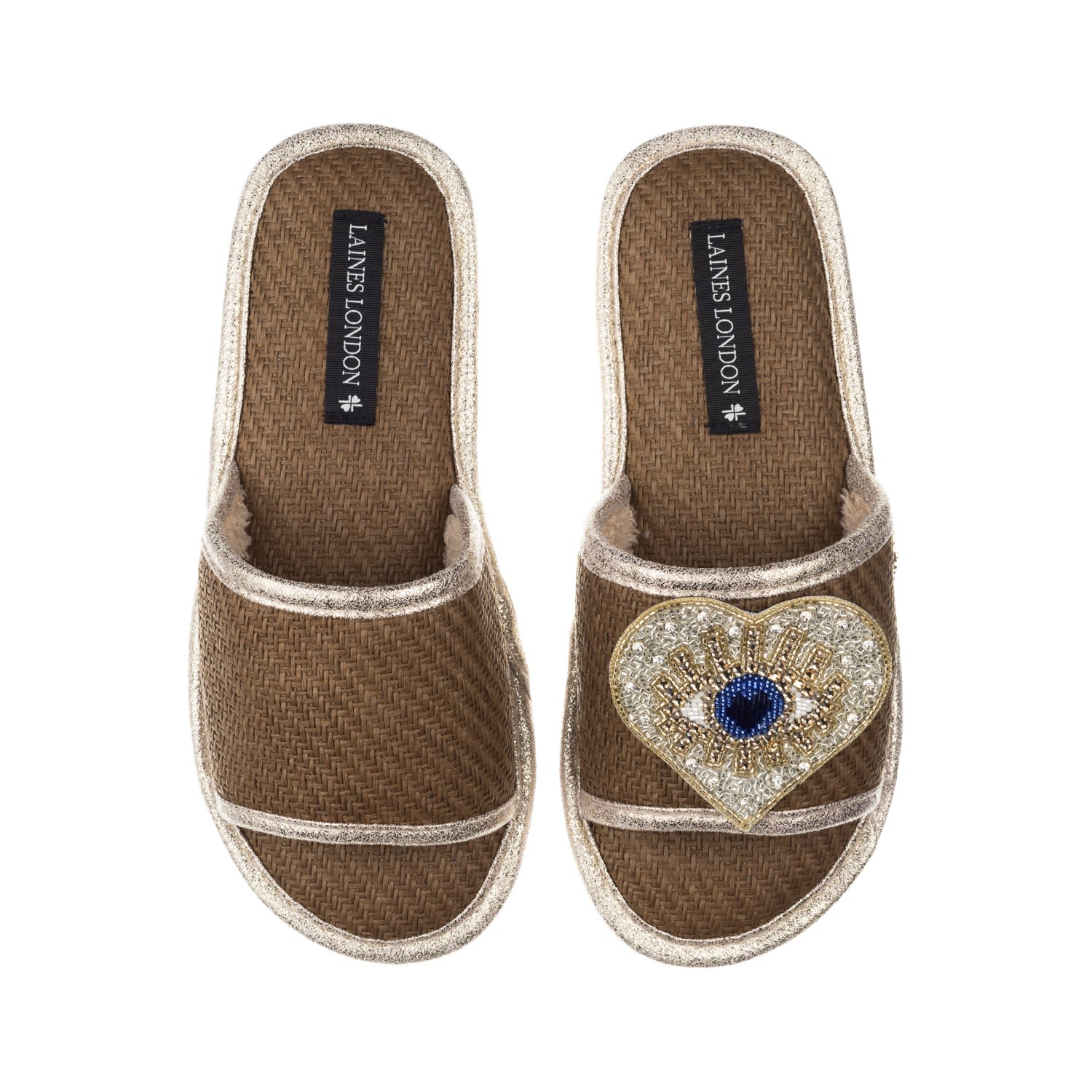 Laines London Women's Brown Straw Braided Sandals With Handmade Couture Golden Blue Heart Eye Brooch - Caramel In Brown