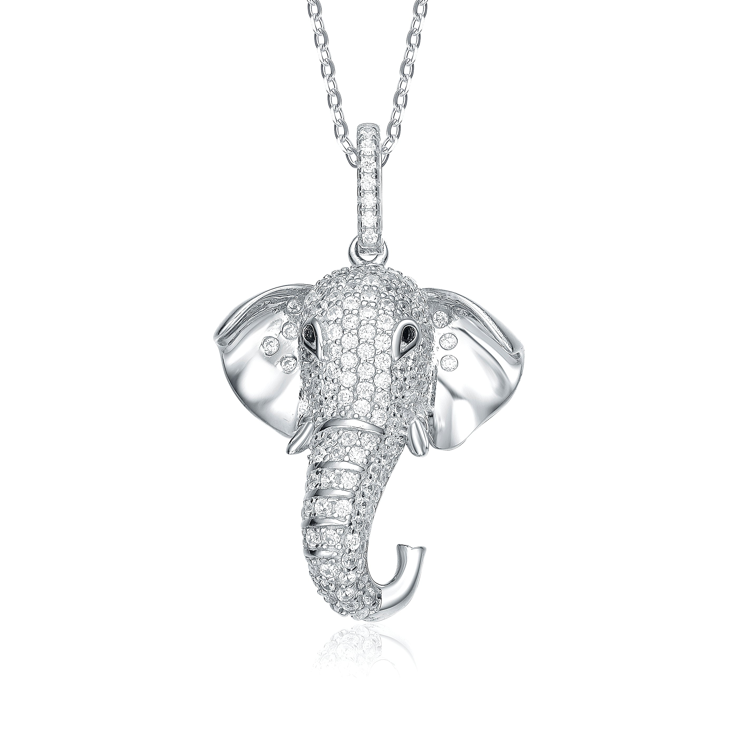 Women’s White / Silver Rhodium-Plated With Diamond Cubic Zirconia Iced Out Lucky Elephant Head Pendant Necklace In Sterling Silver Genevive Jewelry