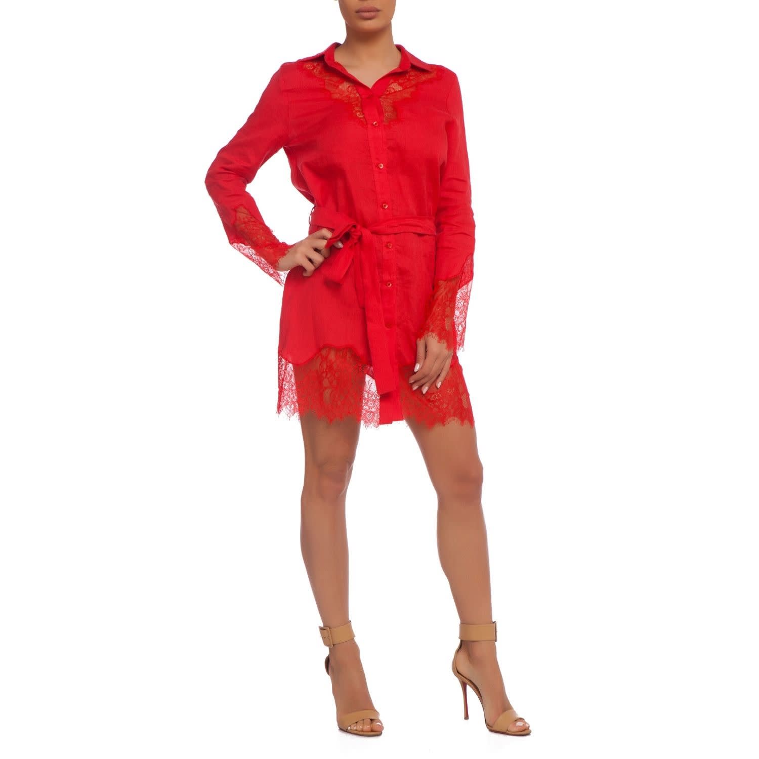 red linen shirt dress