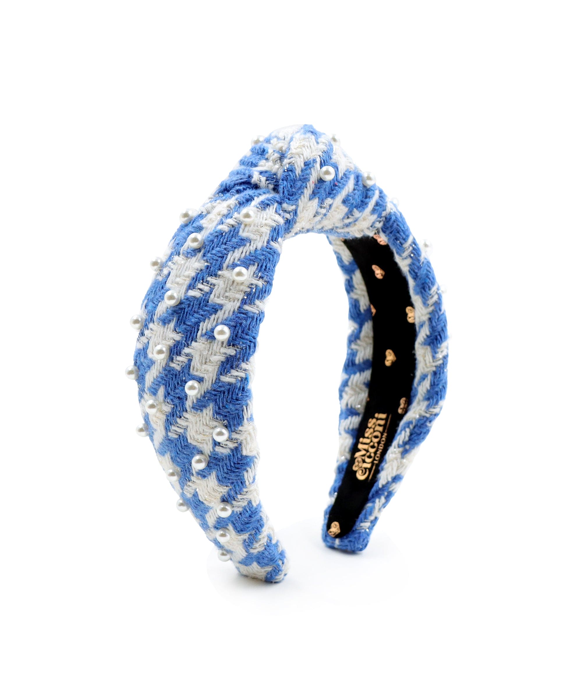 Miss Cicconi Women's Gold / Blue / White Lexy - Blue & White Houndstooth Woven Wool Knotted Headband With A Gold  In Multi