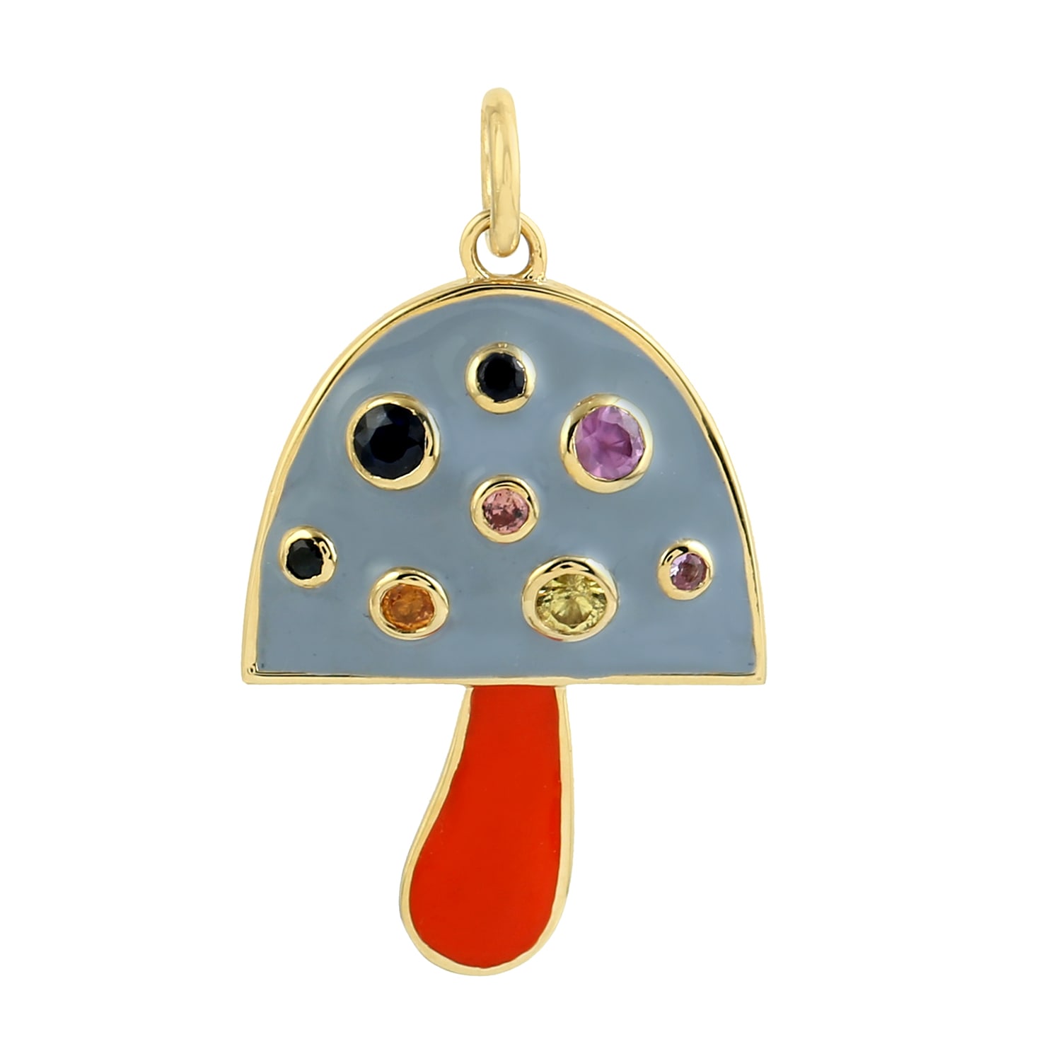 Women’s 14K Solid Yellow Gold With Multicolor Sapphire Gemstone Enamel Mushroom Pendant Artisan