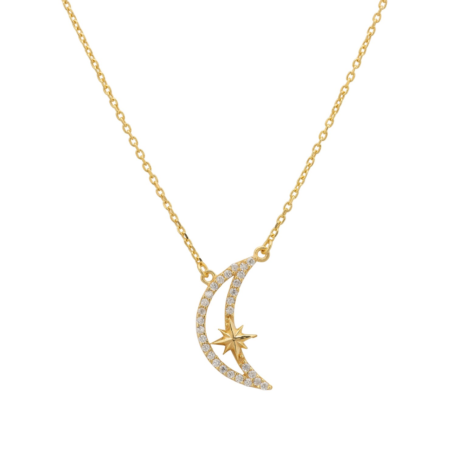 Women’s White / Gold Sparkling Crescent Moon And Star Necklace Gold Latelita