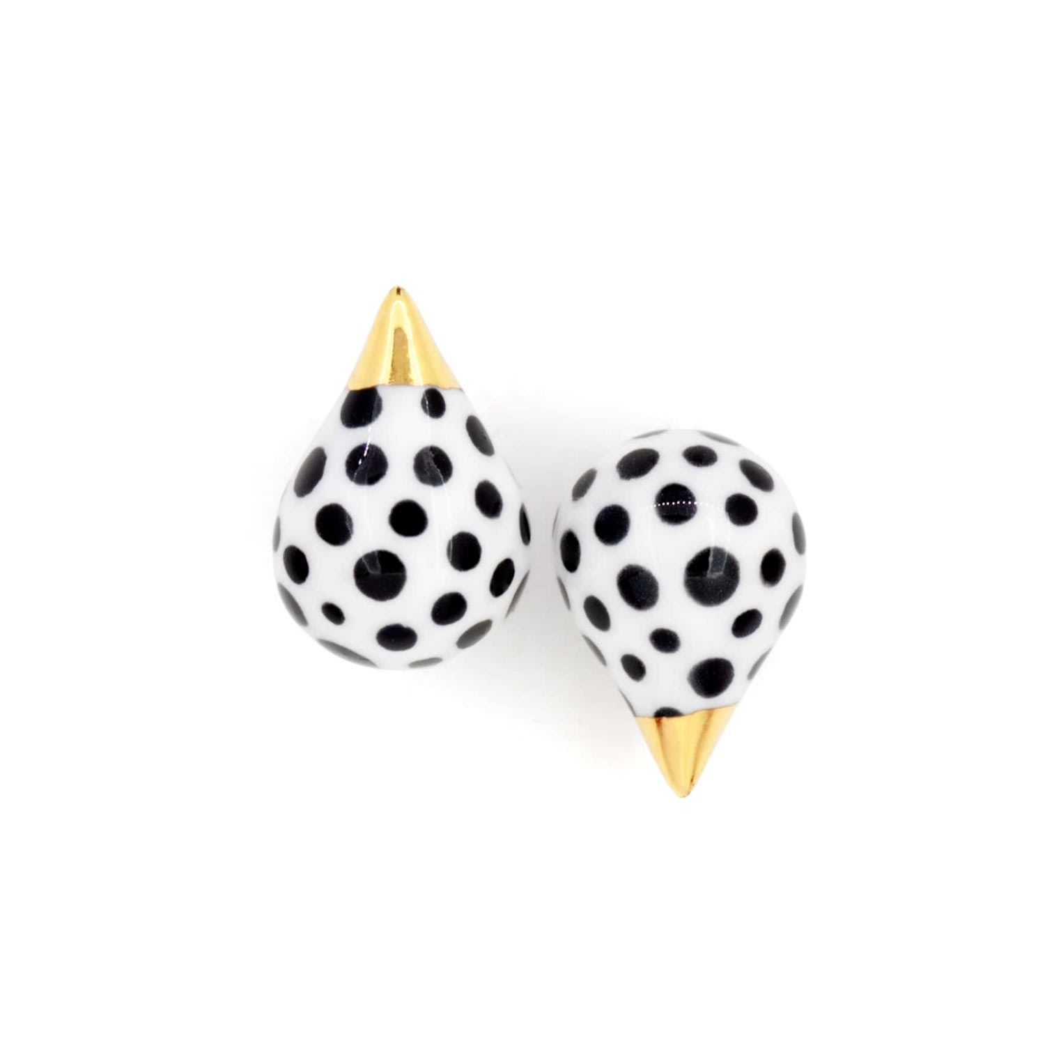 Women’s White / Gold / Black Teardrop Polka Dot Stud Earrings With Gold Cj314