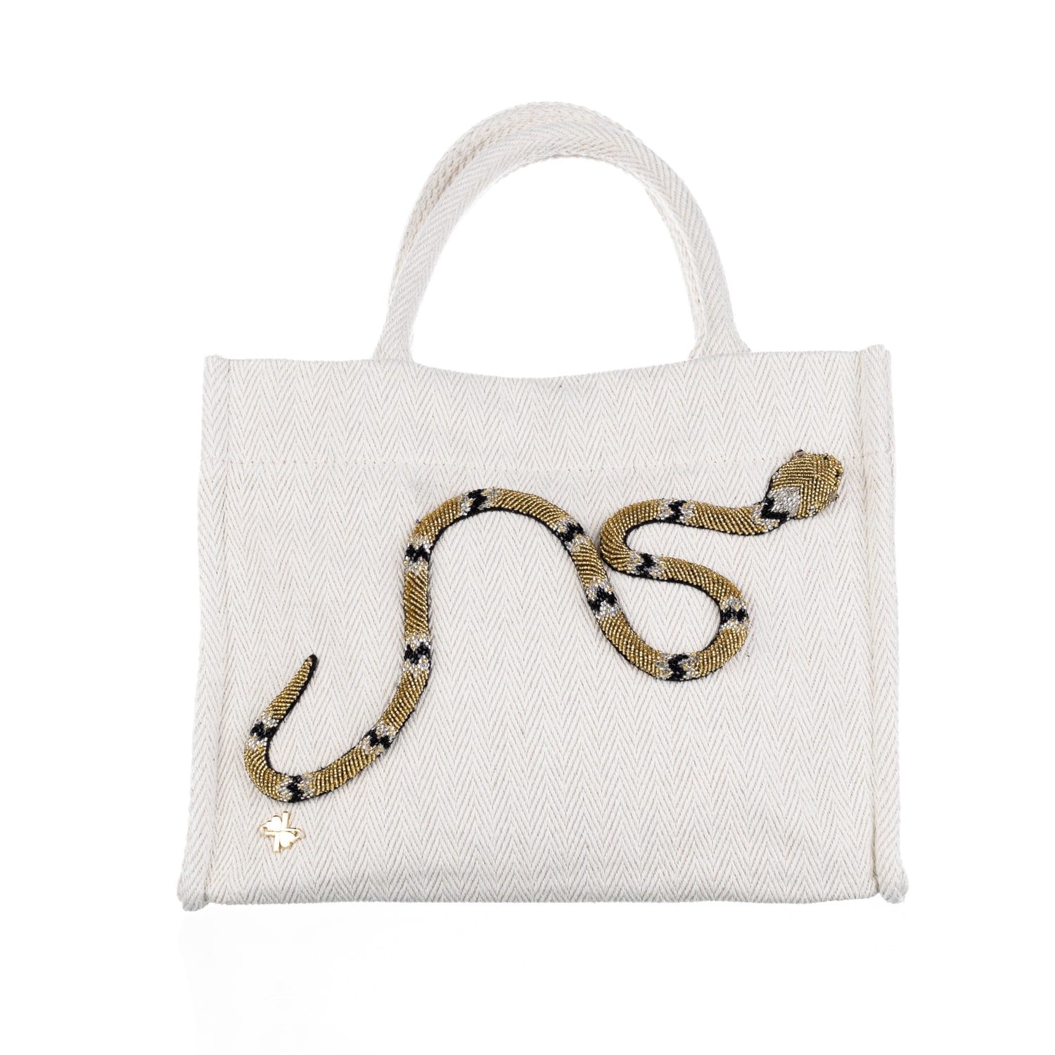 Laines London Women's White / Neutrals / Gold Laines Couture Hand Embellished Black & Gold Snake Tote Bag - Cream In Black/white/yellow