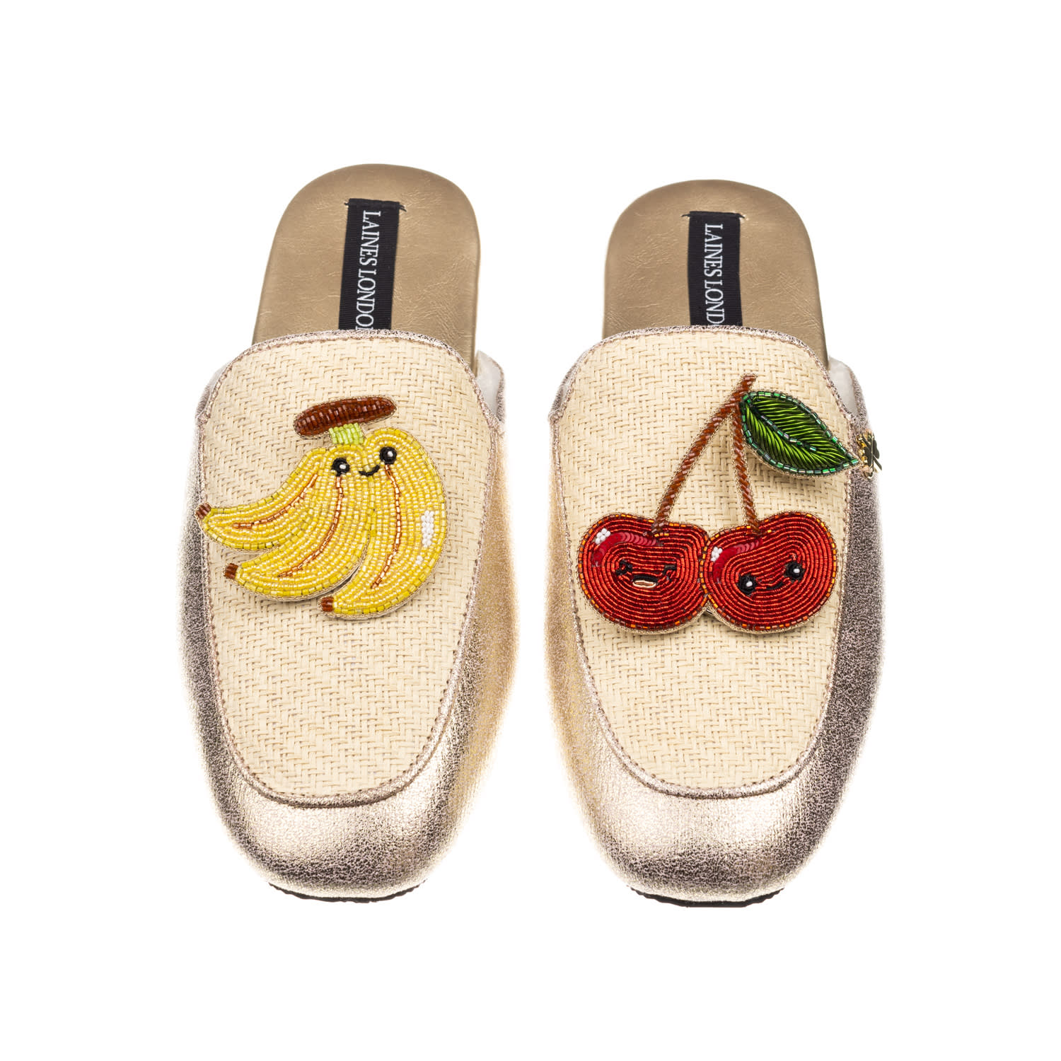 Laines London Women's Gold / Neutrals Classic Mules With Laines Loveables Banana & Cherry Brooches - Cream & Gold In Gold
