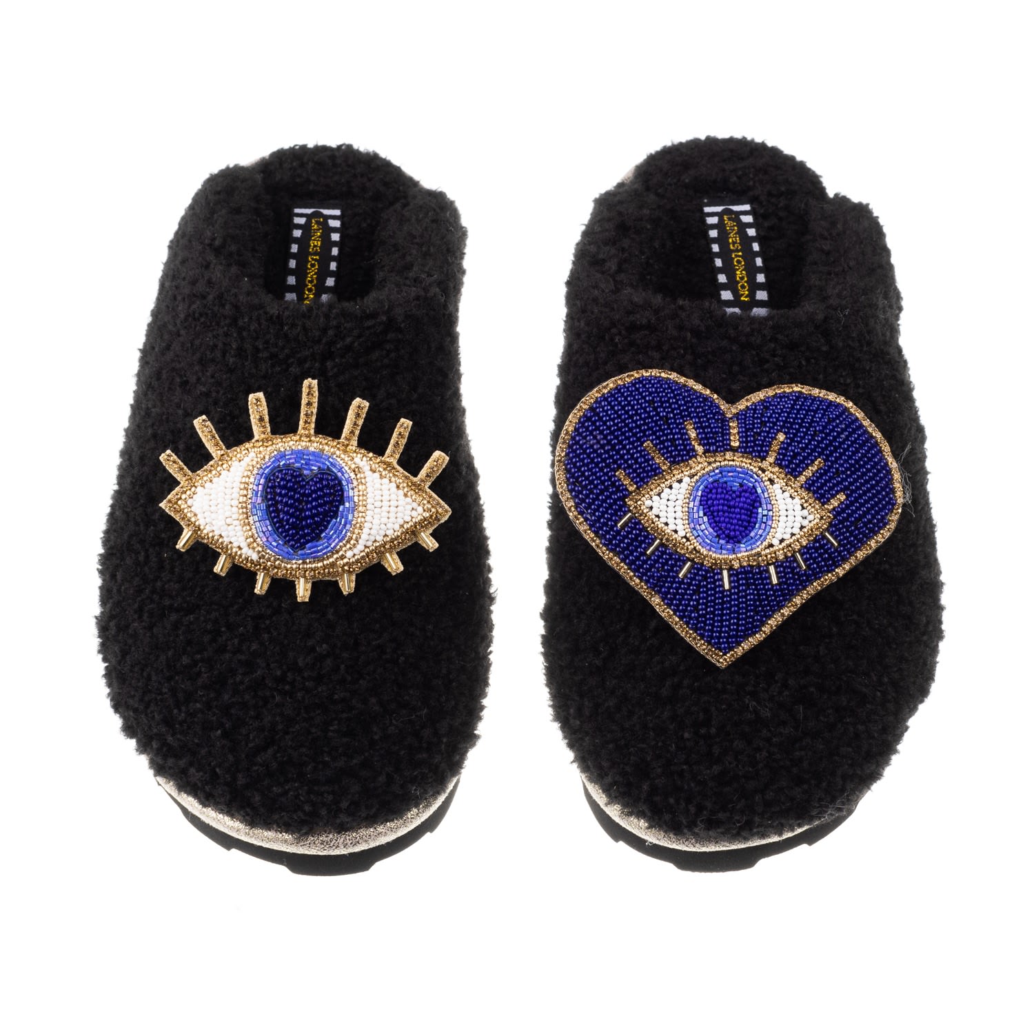 Women’s Teddy Towelling Closed Toe Slippers With Double Blue Eye Brooches - Black Small Laines London