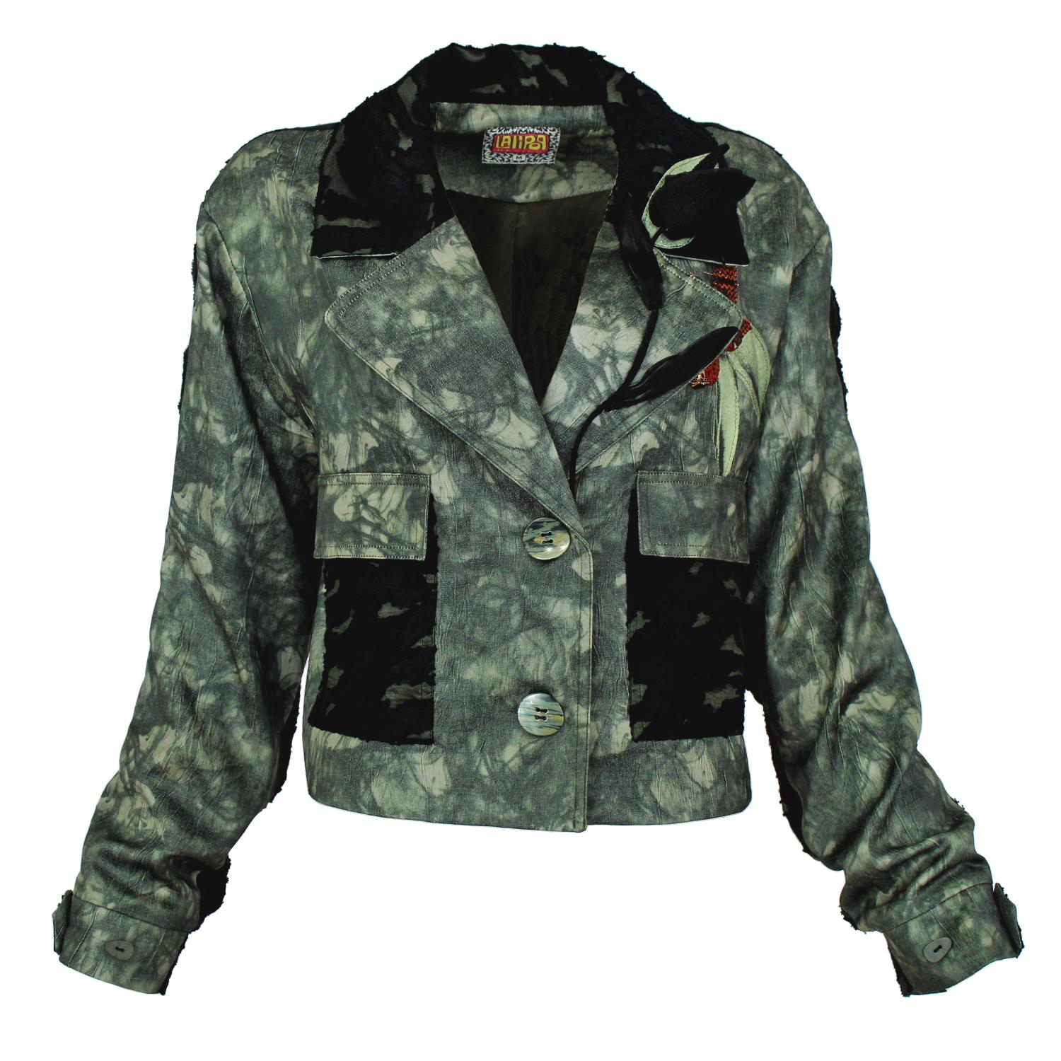 Lalipop Design Women's Green / Black Abstract Print Cropped Jacket With Burnout Detail In Green