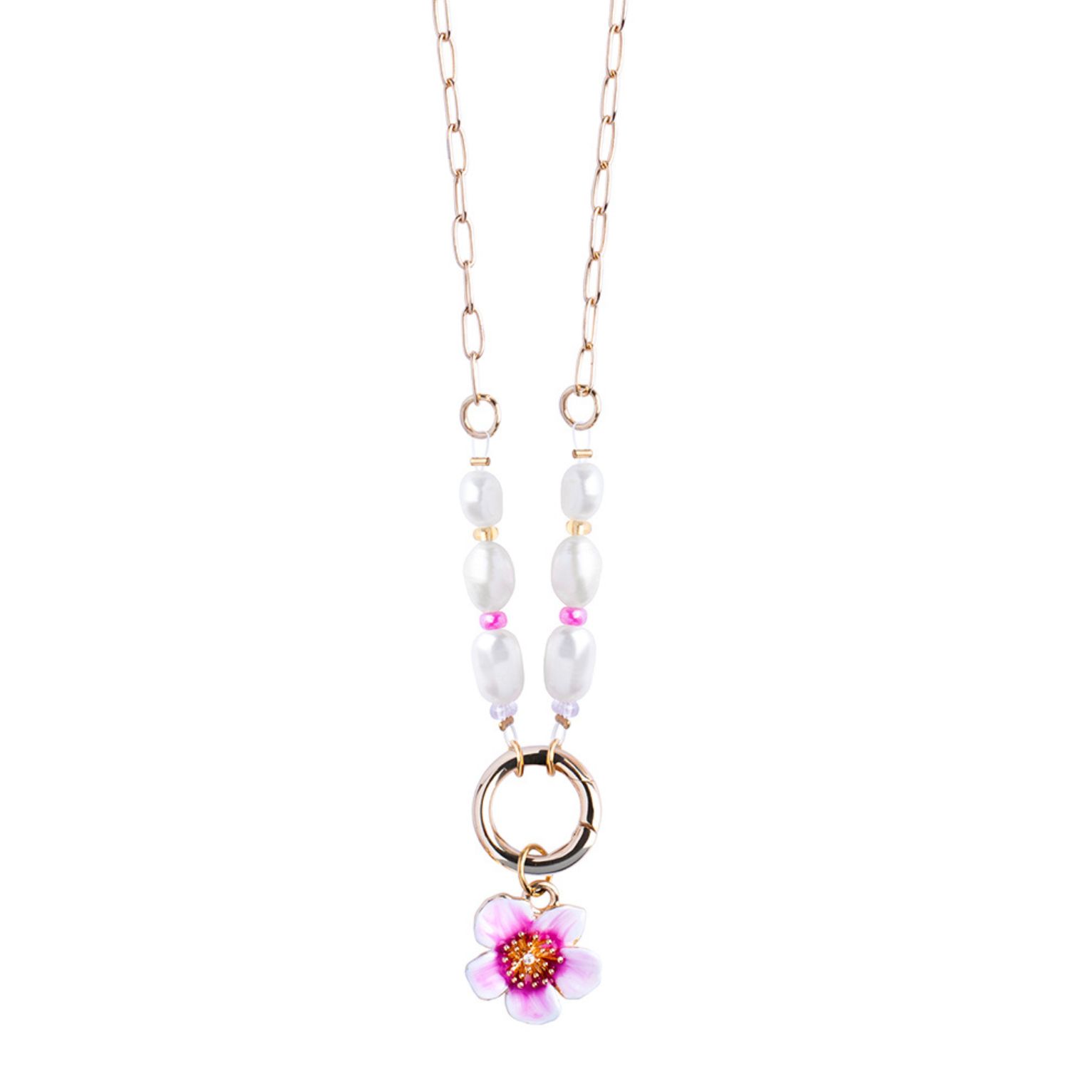 My Little Nature Women's Pink / Gold Long Necklace With Pink Plumeria Flower Charm And Natural Pearls In Pink