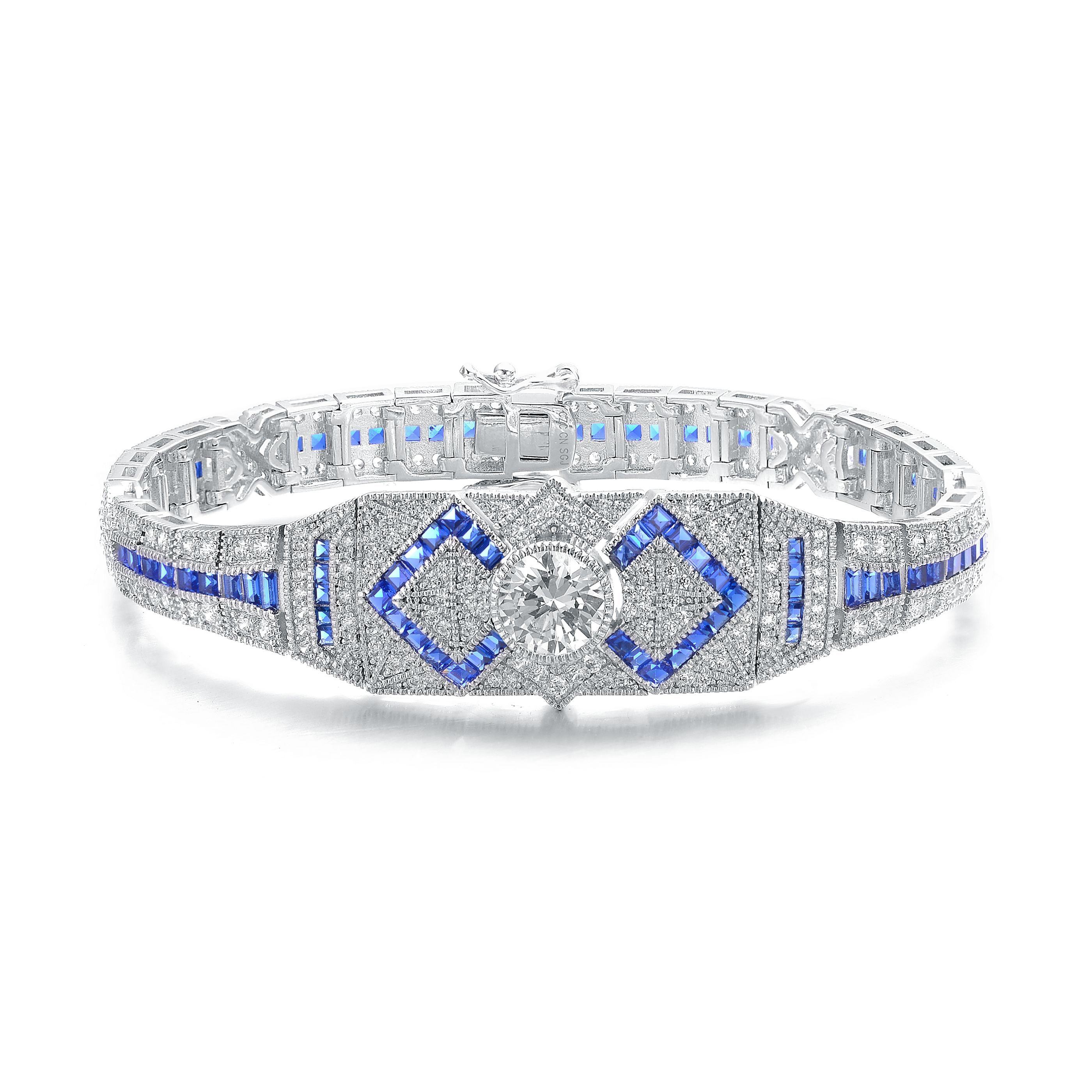 Genevive Jewelry Women's Sterling Silver White Gold Plated With Sapphire Blue Cubic Zirconia Link Bracelet