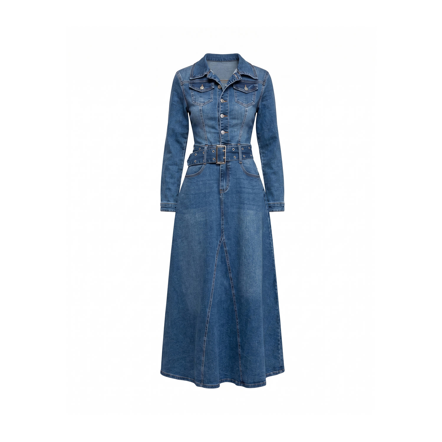 Tantra Spain Sl Women's Blue A-line Midi Denim Dress With Pockets And Removable Belt With Denim