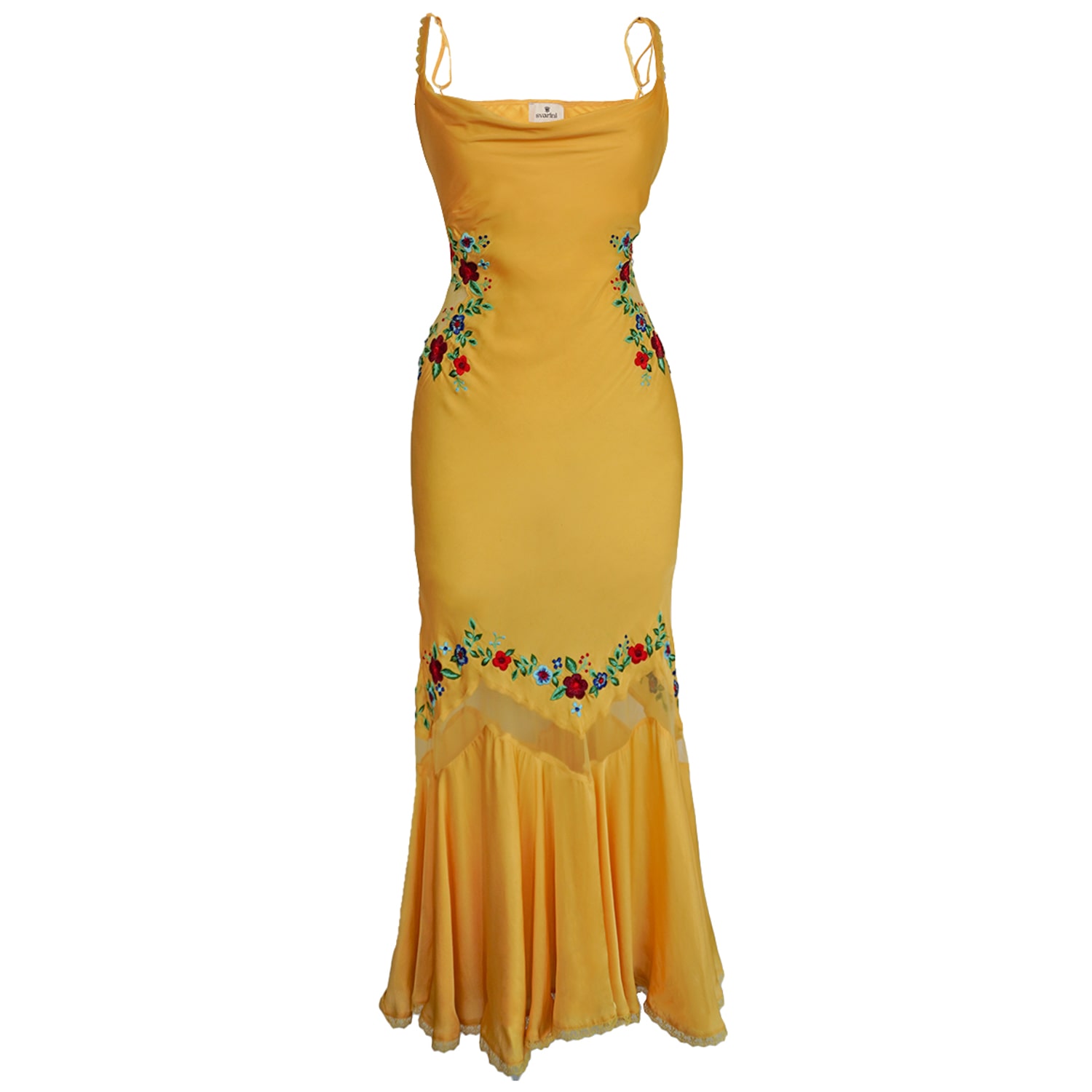 Svarini Women's Yellow Cutout Slip Dress – Embroidered Midi With Draping & Lace Detail In Yellow