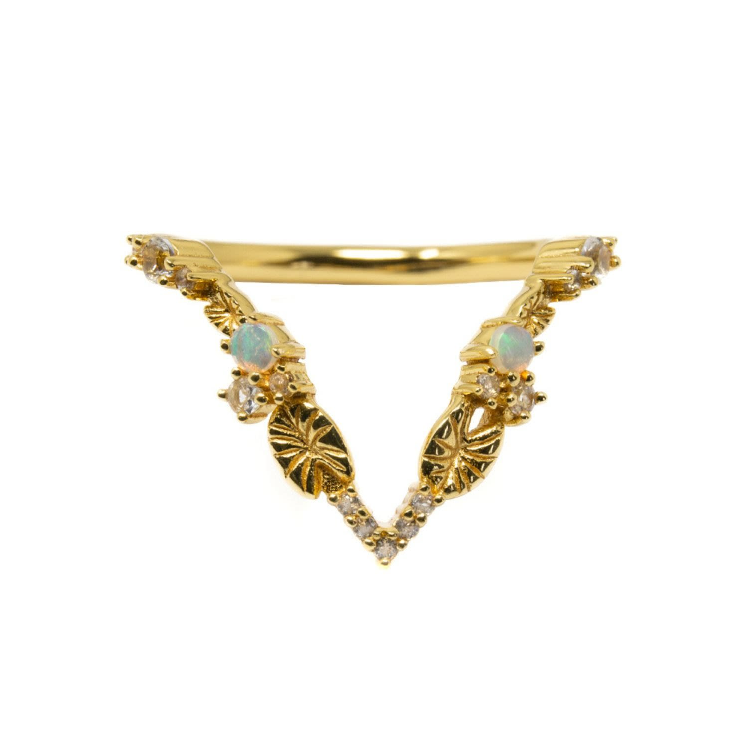 Nasi Silver Women's Gold / White Lilypad Ring- Opal & White Topaz- Gold In Gold