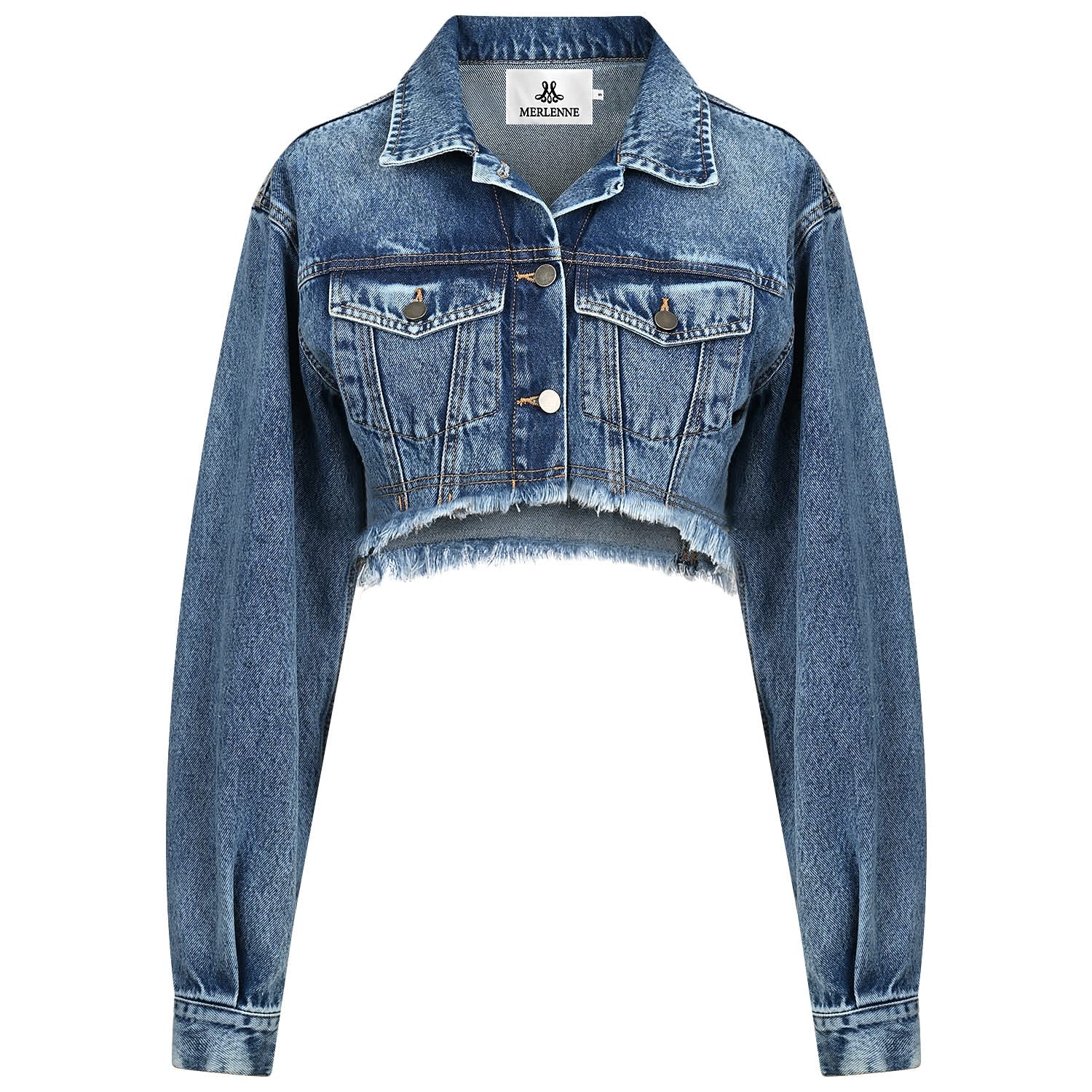Merlenne Women's Blue Denim Jacket With Fringe In Blue