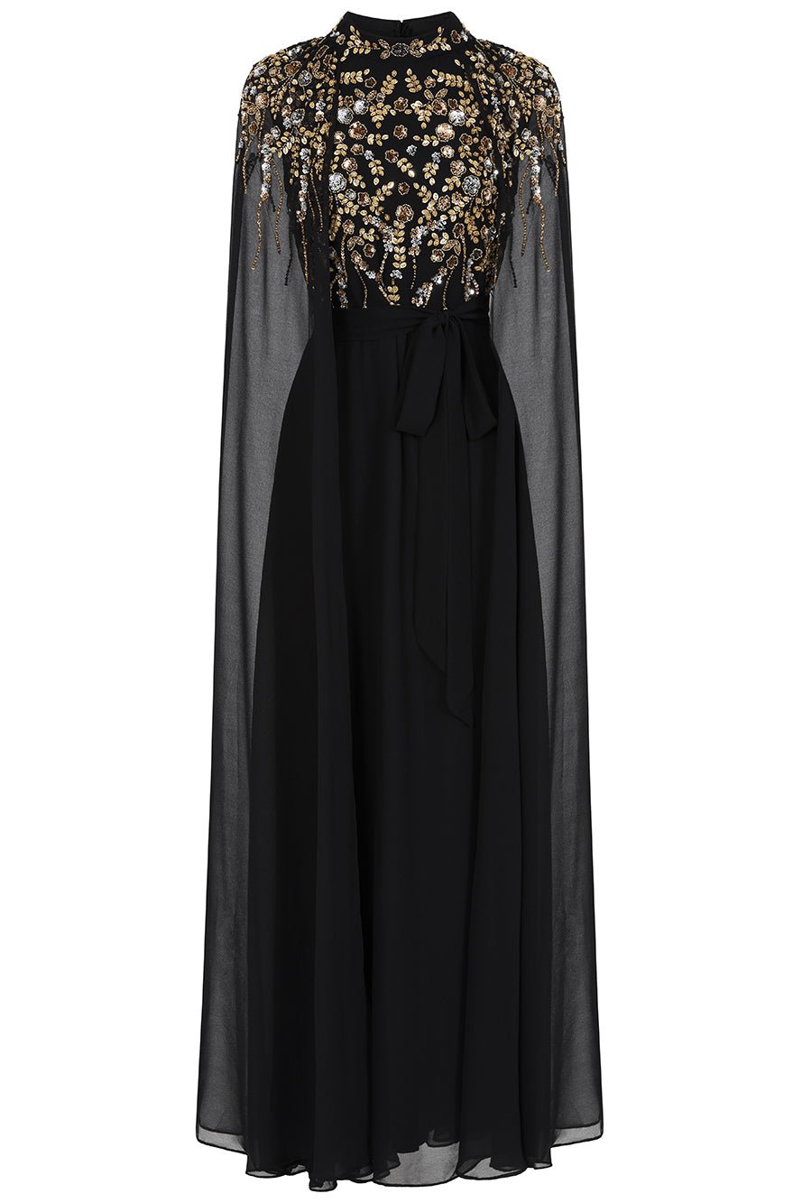 Frock And Frill Women's Octavia Black Embellished Cape Sleeve Maxi Dress In Black
