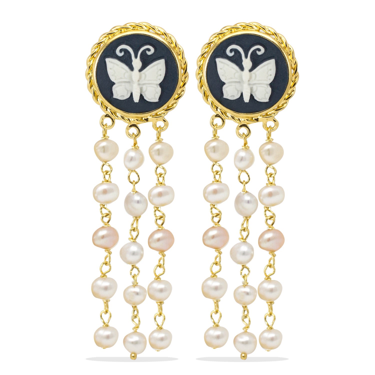 Women’s Gold Butterfly Cameo & Pearls Earrings Vintouch Italy