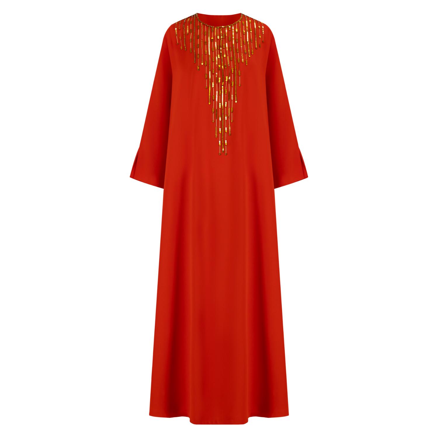 Azzalia Women's Red Classic Kaftan With Metal Embroidery-tomatoe In Red