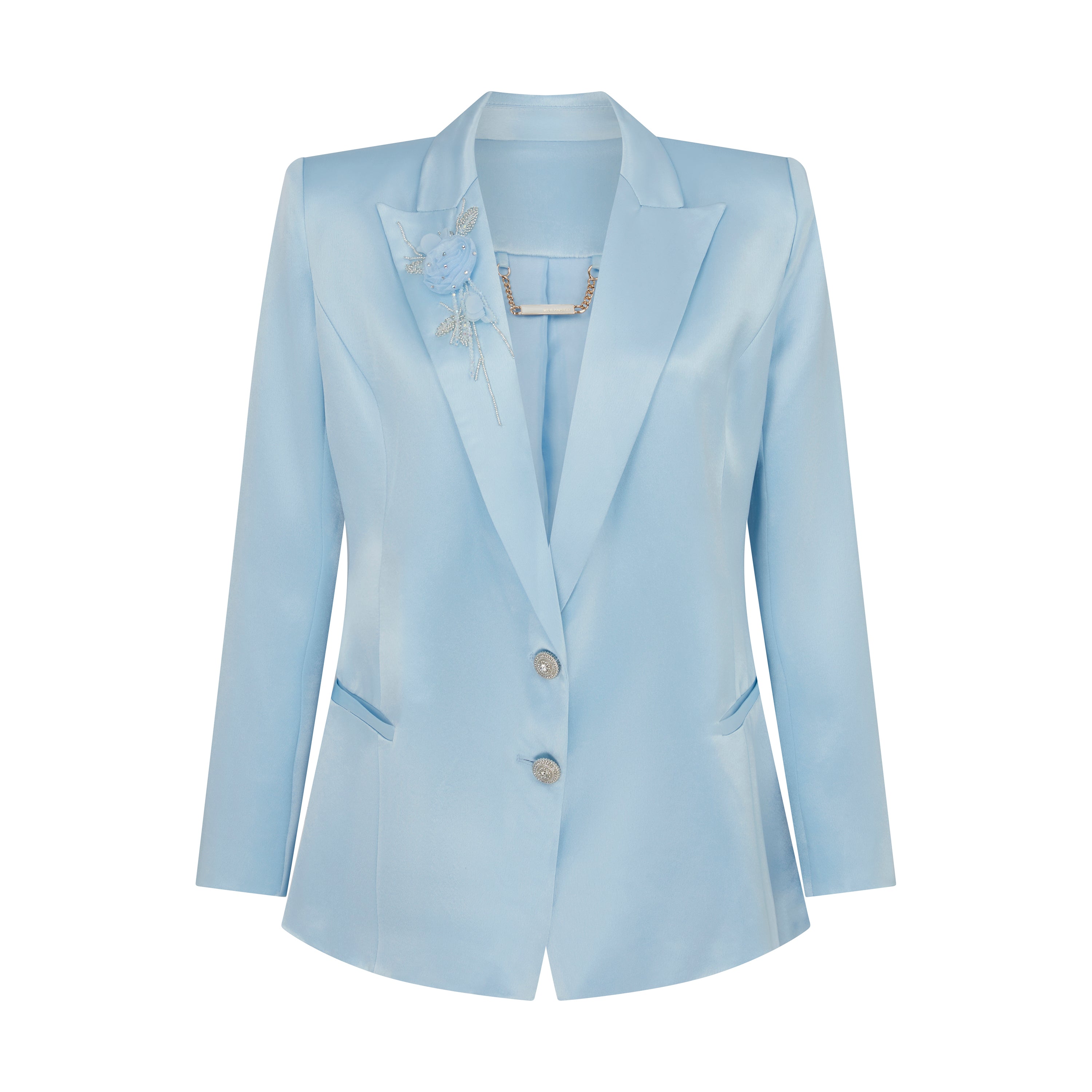 Women's Floral Applique Crystal Embellished Satin Blazer Jacket In Baby Blue | Small | Sour Figs
