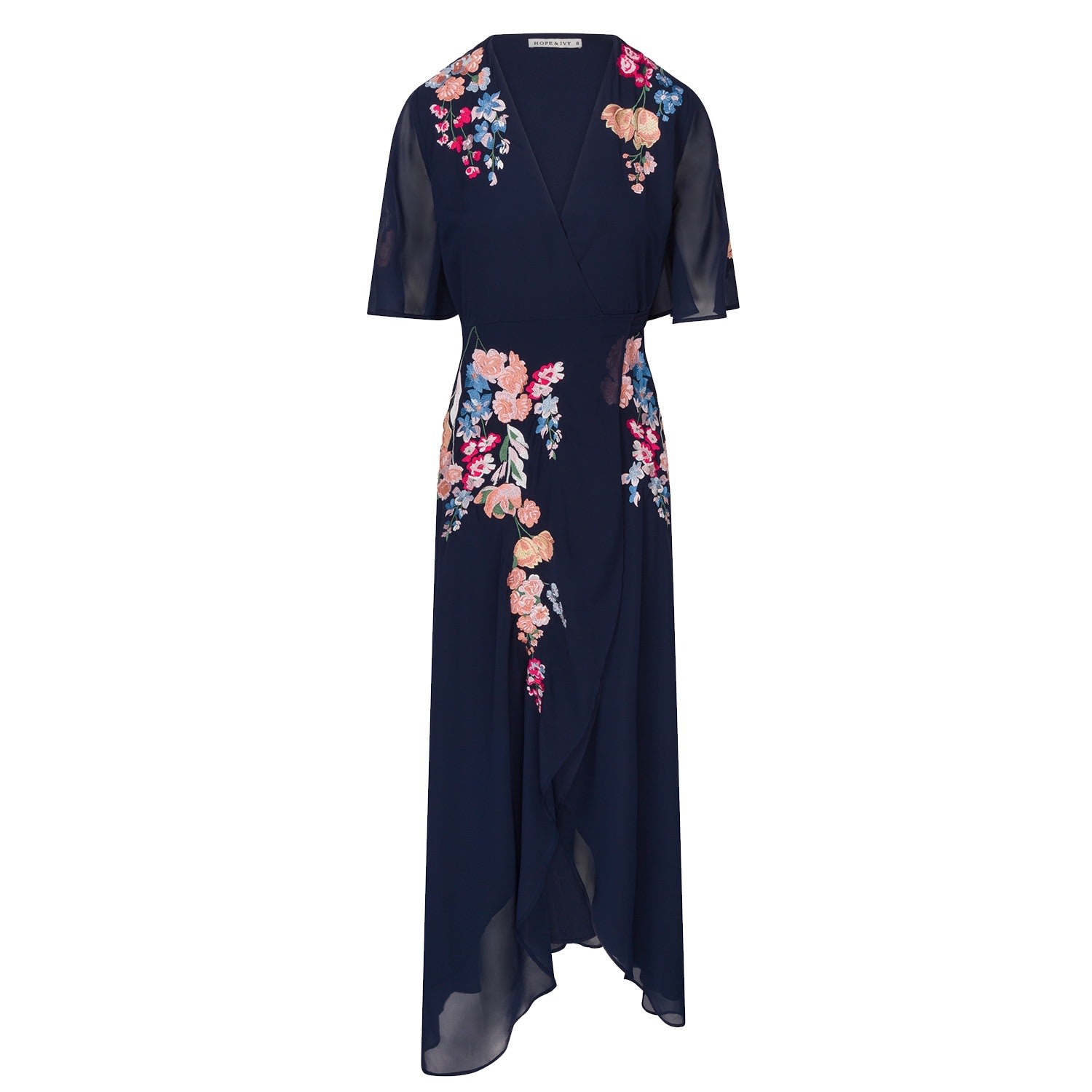 Women’s Blue The Gisela Embroidered Flutter Sleeve Maxi Wrap Dress With Tie Waist Small Hope and Ivy