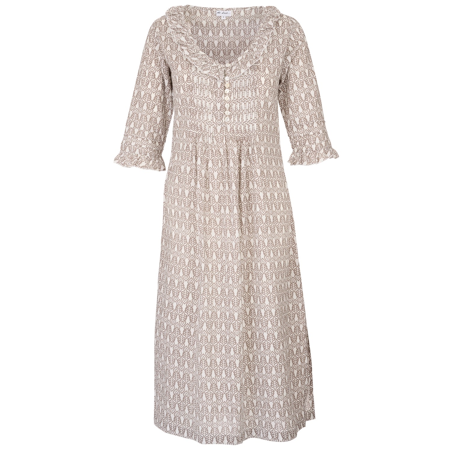 Women’s Neutrals Cotton Karen 3/4 Sleeve Day Dress In Fresh Taupe & White Extra Small At Last...