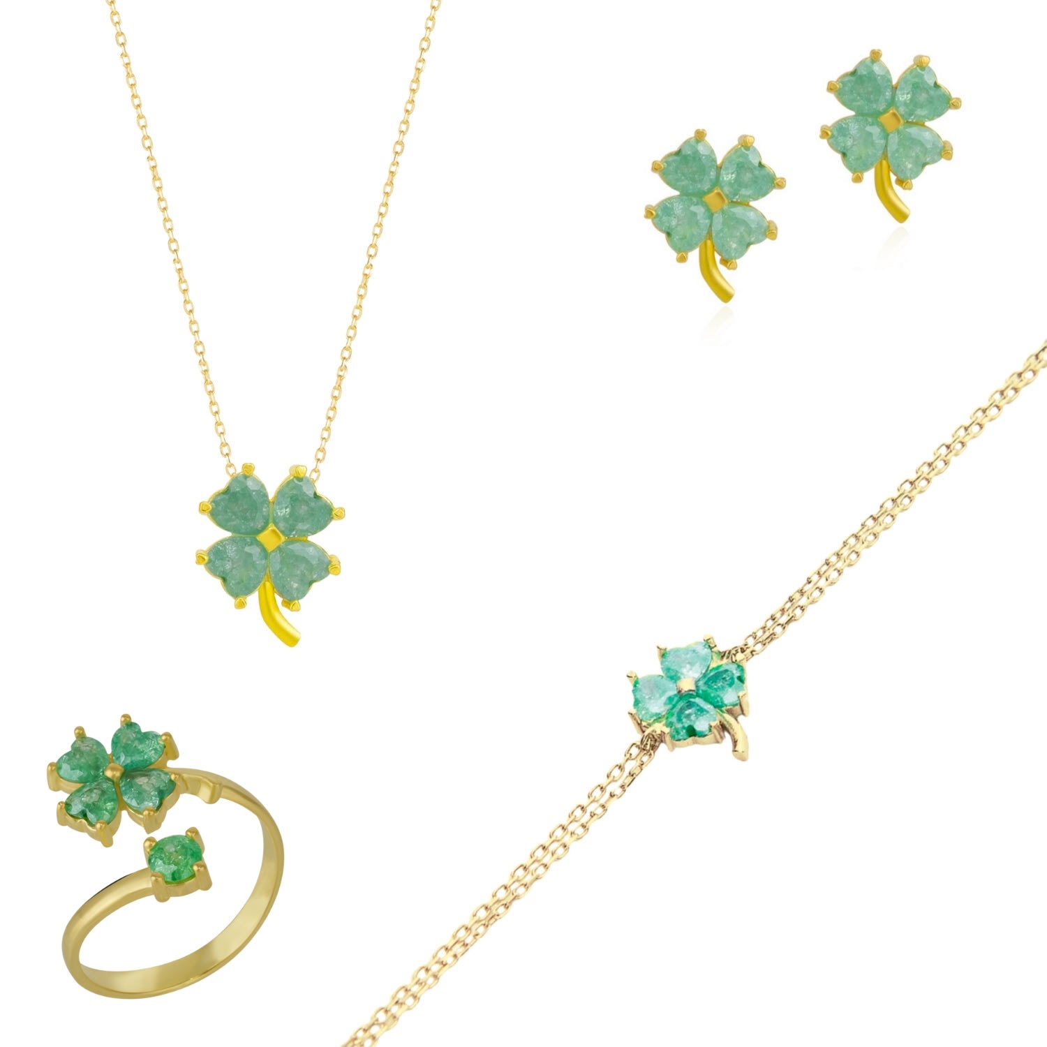 Spero London Women's Gold / Green Best Of Luck Four Leaves Clover Sterling Silver Bracelet Necklace Ring & Stud E In Multi