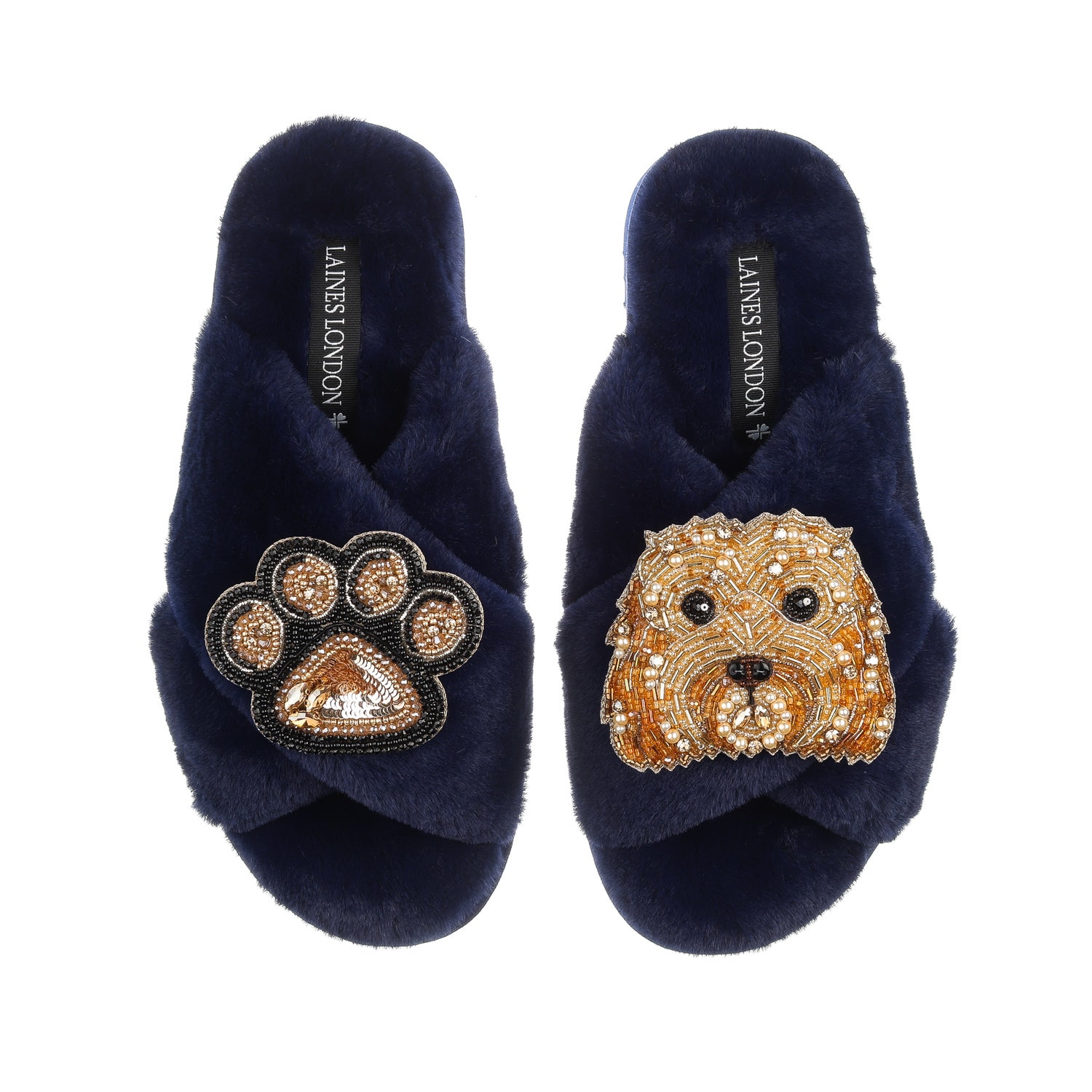 Laines London Women's Blue Classic Laines Slippers With Enki Doo & Paw Brooches - Navy In Blue