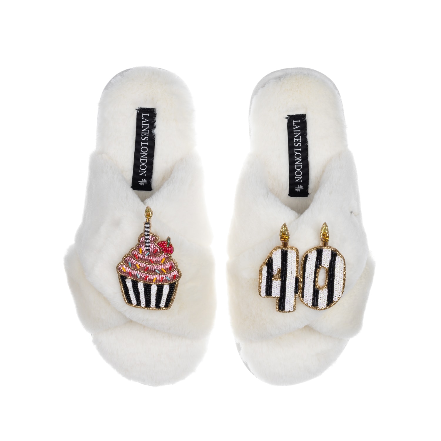 Laines London Women's White Classic Laines Slippers With Stripe 40th Birthday & Cake Brooches - Cream In White