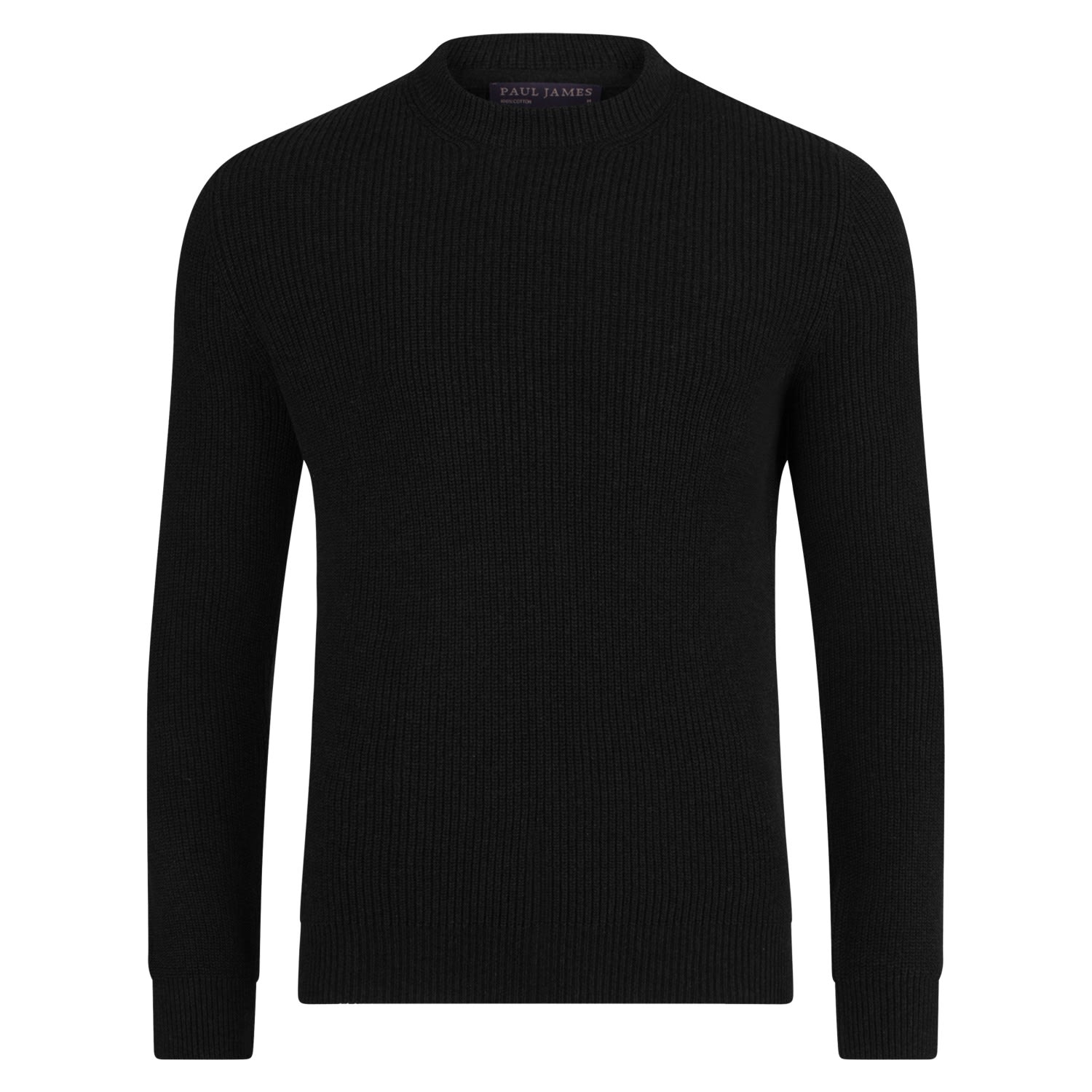 Mens Midweight Cotton Fisherman Rib Noah Jumper - Black Large Paul James Knitwear